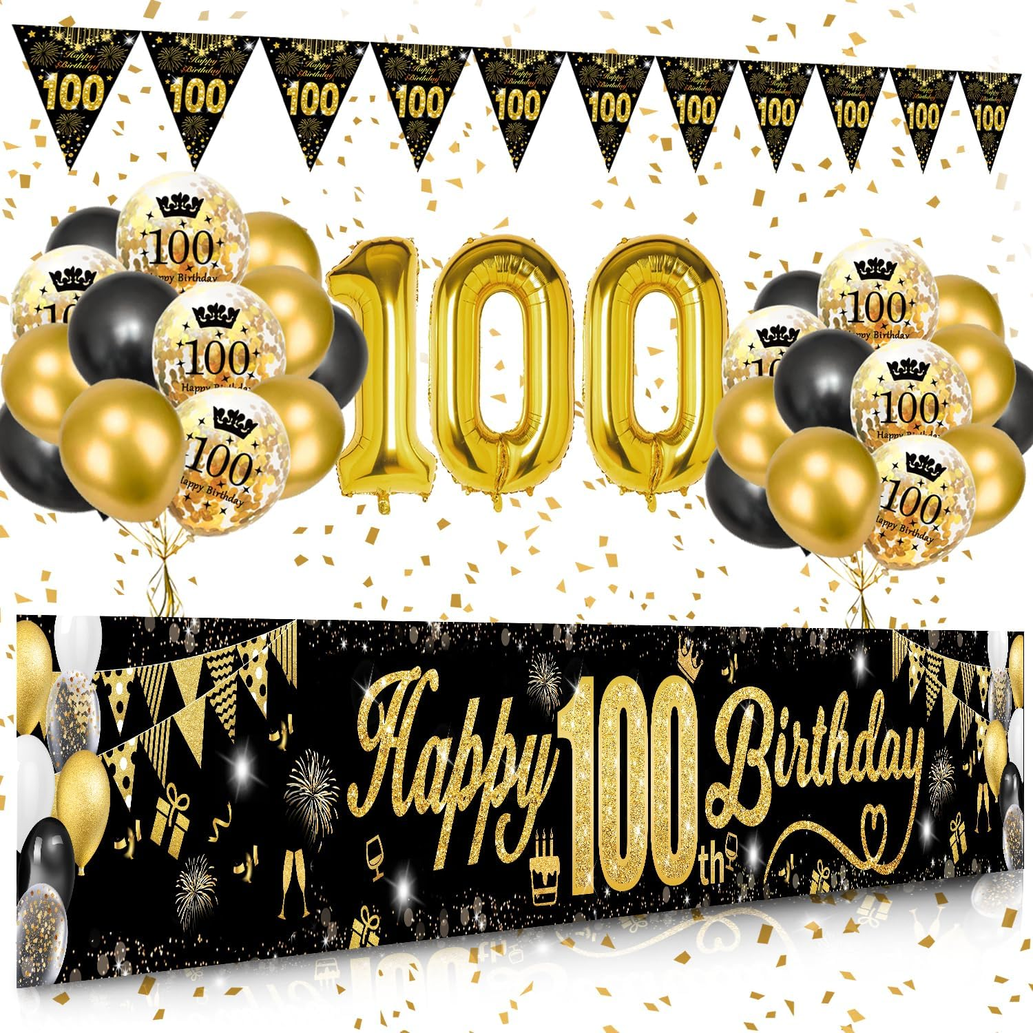 Black Gold 100Th Birthday Decoration Kit - Happy Birthday Banners, Number 100 Balloons, Confetti, Fireworks, Triangle Flag Banner