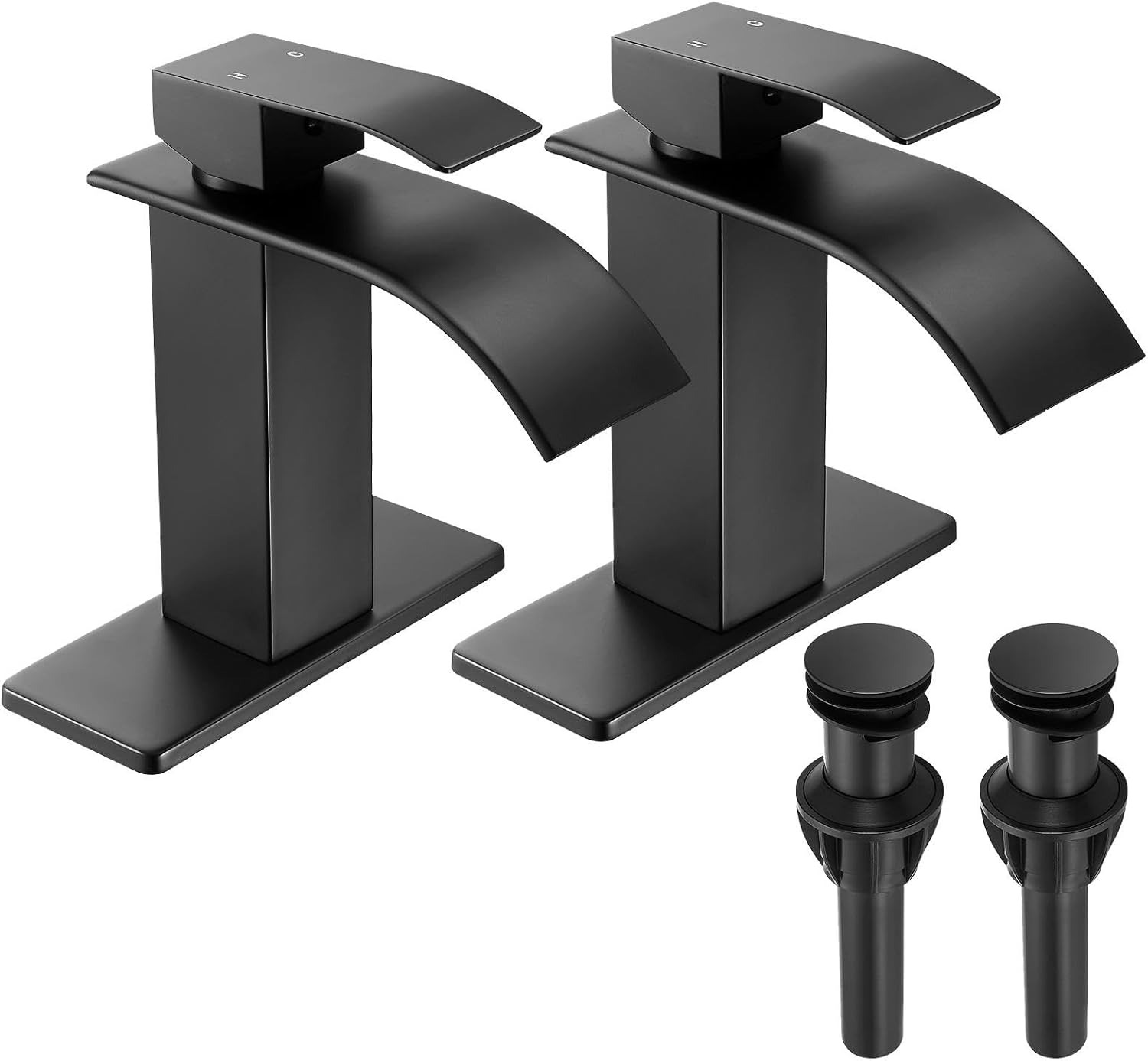 Black Waterfall Bathroom Faucet Lavatory Single Handle 1 or 3 Hole Bathroom Sink Faucet Washbasin Faucet with Deck and Pop-Up Drain (Matte Black- Set of 2, Short)