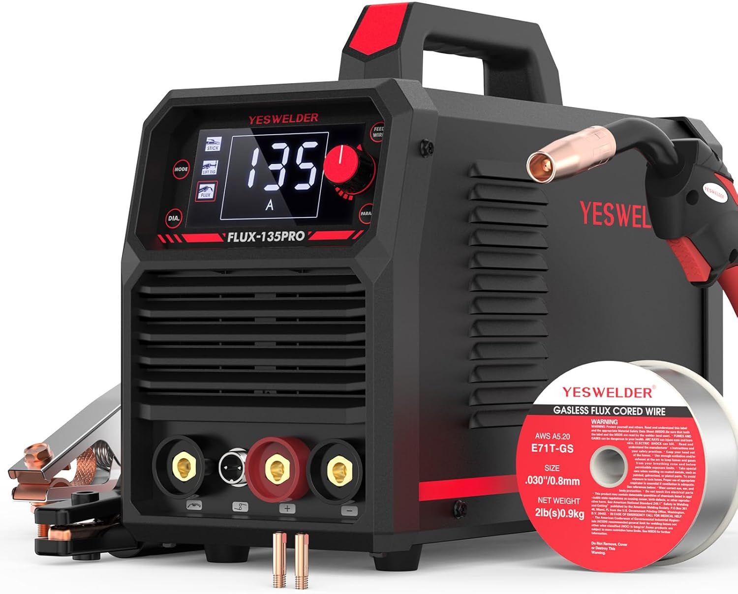 YESWELDER 135Amp MIG Welder,110V Flux Core Welder Flux Core Mig/Lift Tig/Stick 3-In-1 Large LED Digital Display Welding Machine IGBT Inverter Welder FLUX-135PRO