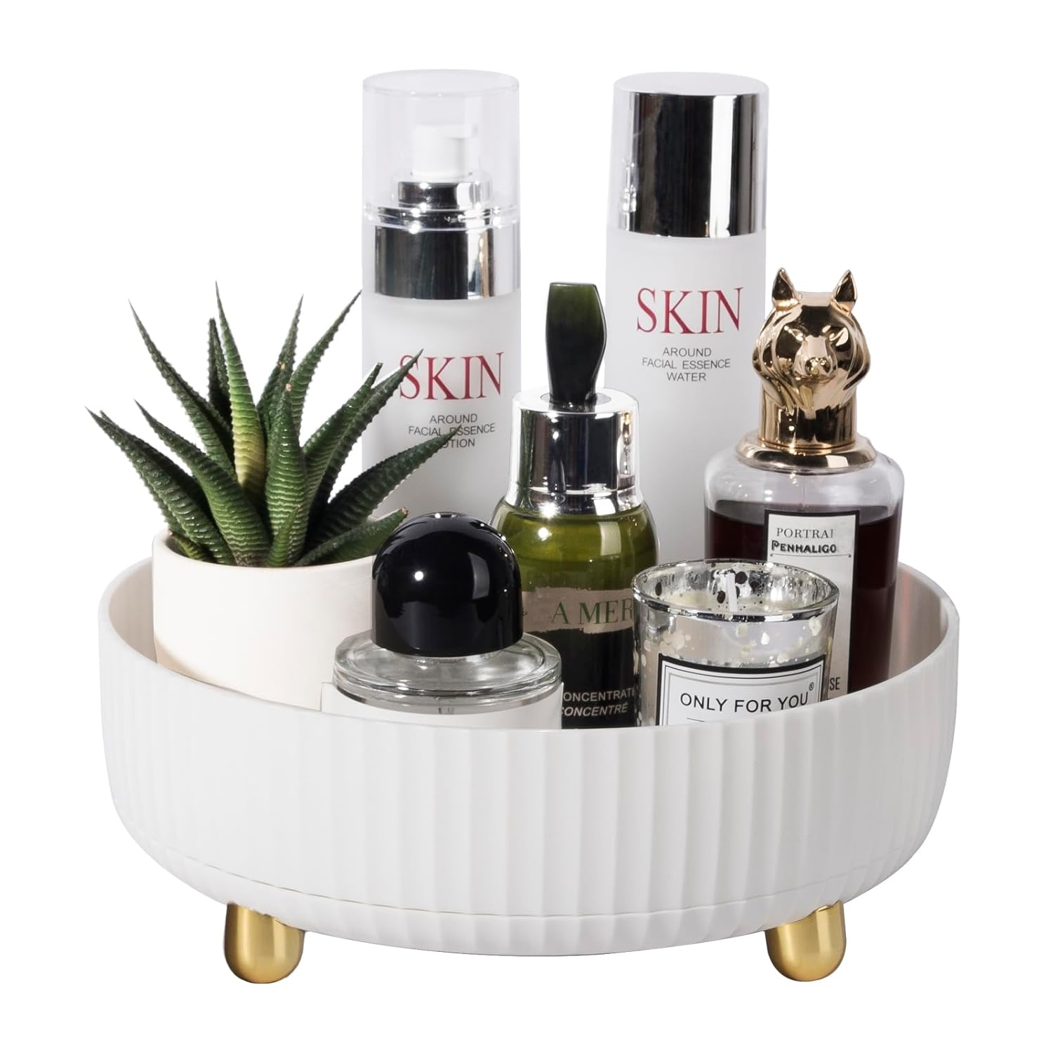 Makeup Perfume Organizer Tray 360 Degree Rotating Lazy Susan Skincare Lotion Organizer Spinning Cosmetics Storage for Dresser, Vanity, Bathroom Countertop, Small Ivory White
