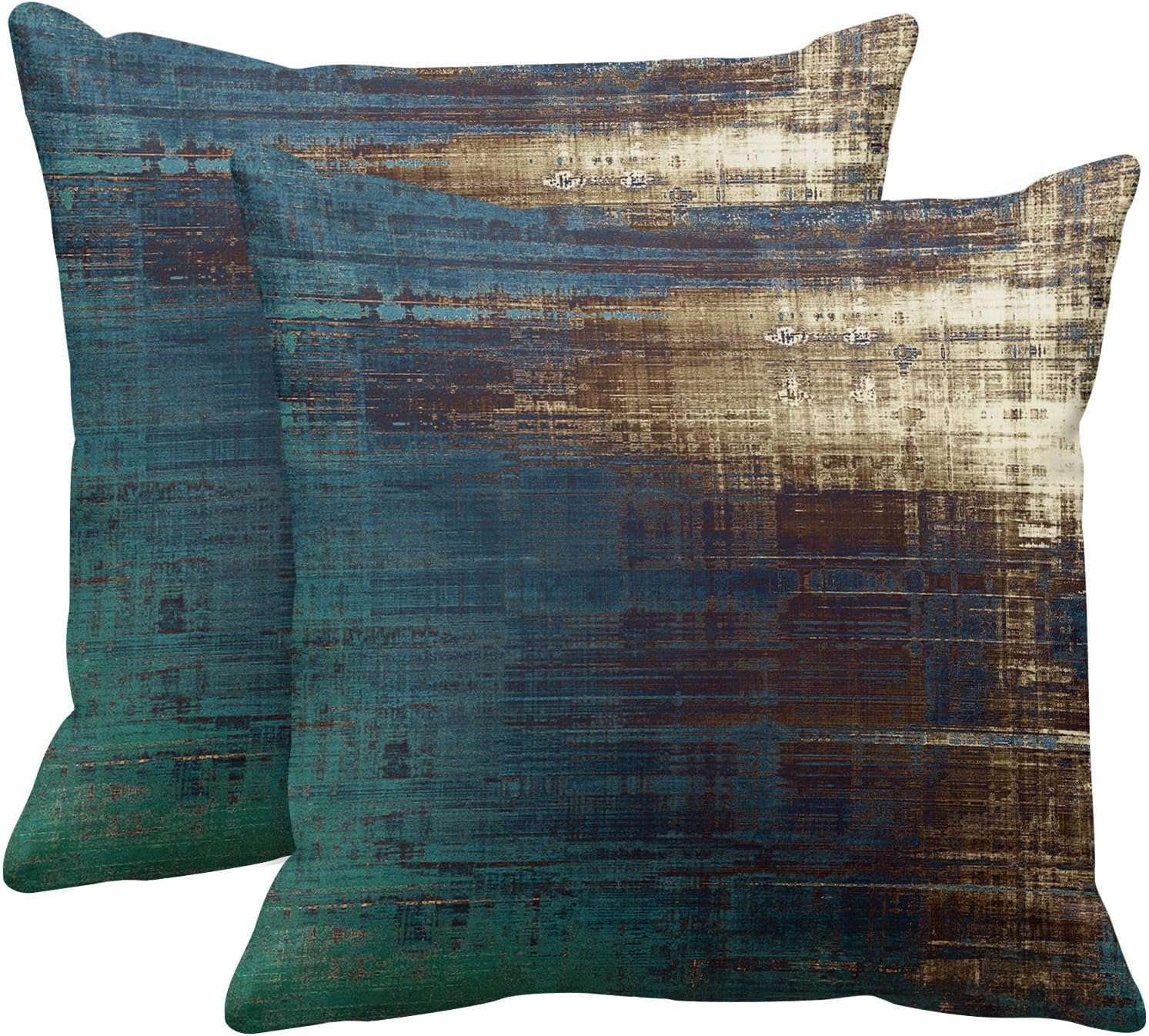 Emvency Set of 2 Abstract Throw Pillow Covers Vintage Teal White and Blue Messy Rust Painting Decorative Pillow Cases Home Decor Standard Square 20X20 Inches Pillowcases