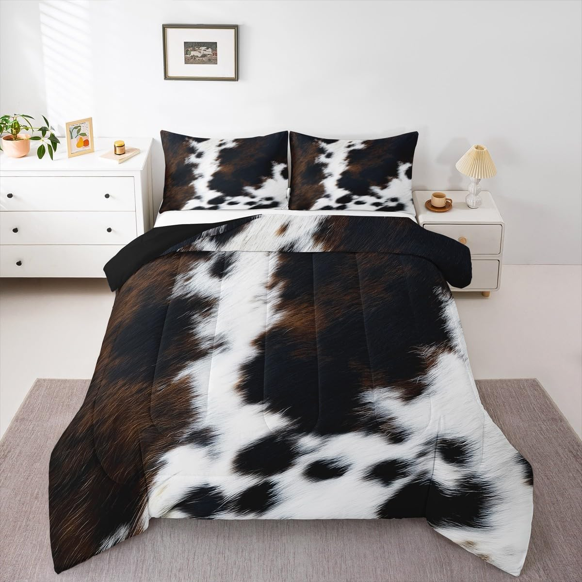 Brown Cowhide Comforter Set Full,Black White Aztec Cow Print Bedding Set Western Farmhouse Animal Fur down Comforter for Kids Boys Girls,Rustic Cowboy Quilt Duvet Set 2 Pillow Cases Bedroom Decor
