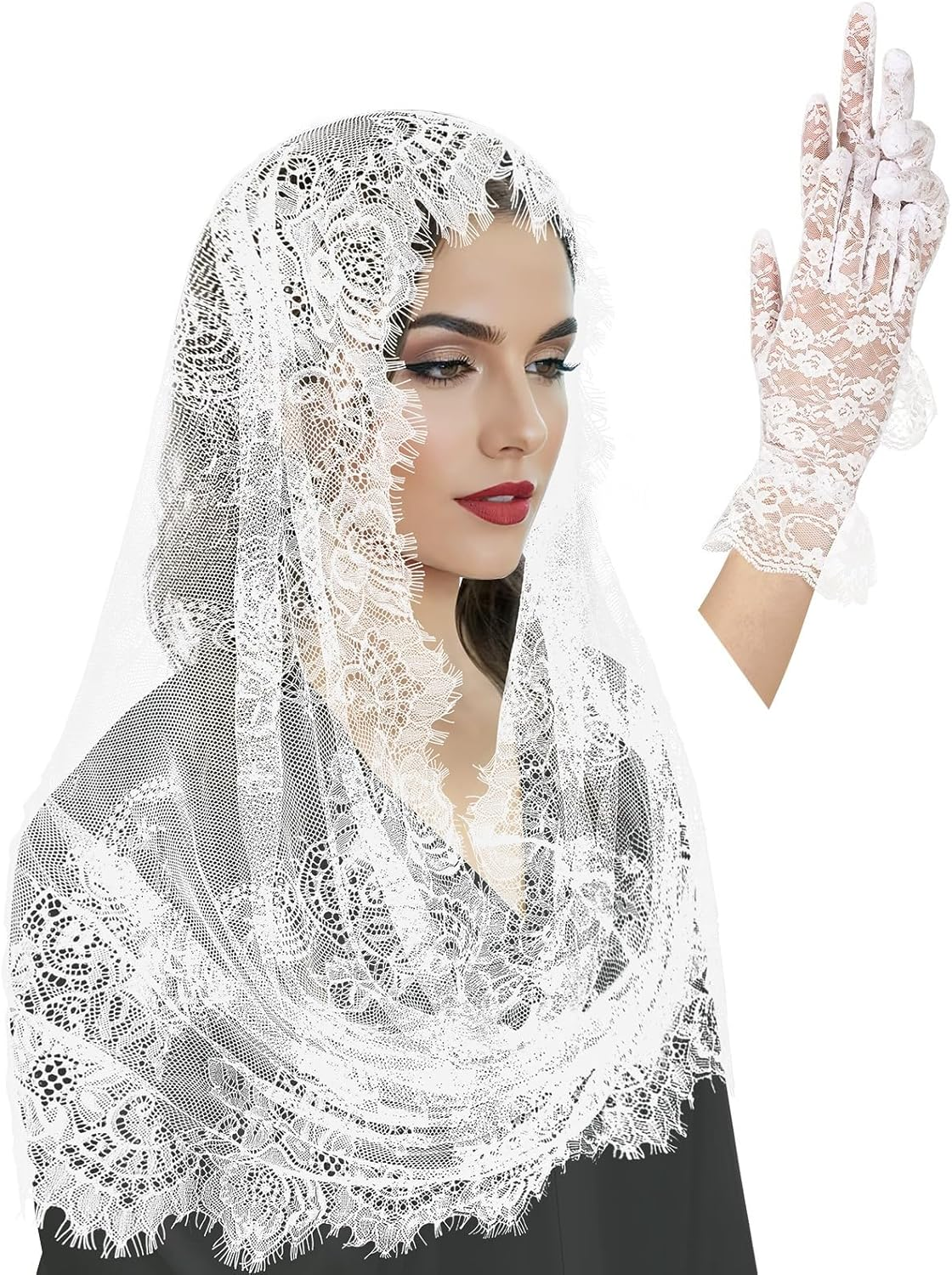 2 Pcs Lace Veil Church Mantilla Catholic Veil Bridal Wedding Veils Halloween Veil Gloves
