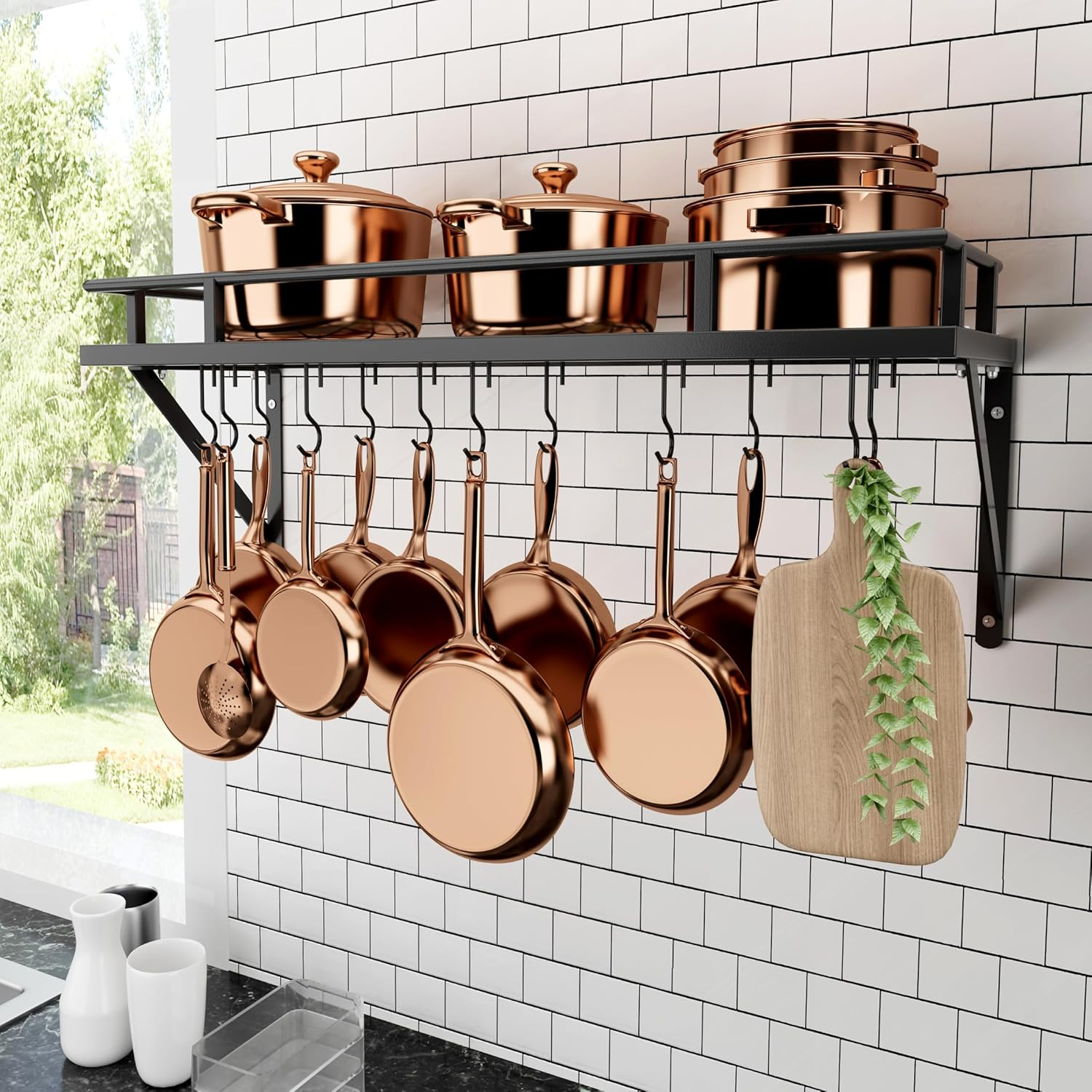 30-Inch Kitchen Pan Pot Rack Wall Mounted Hanging Storage Organizer Wall Shelf with Hooks Matte Black, KUR215S75A-BK