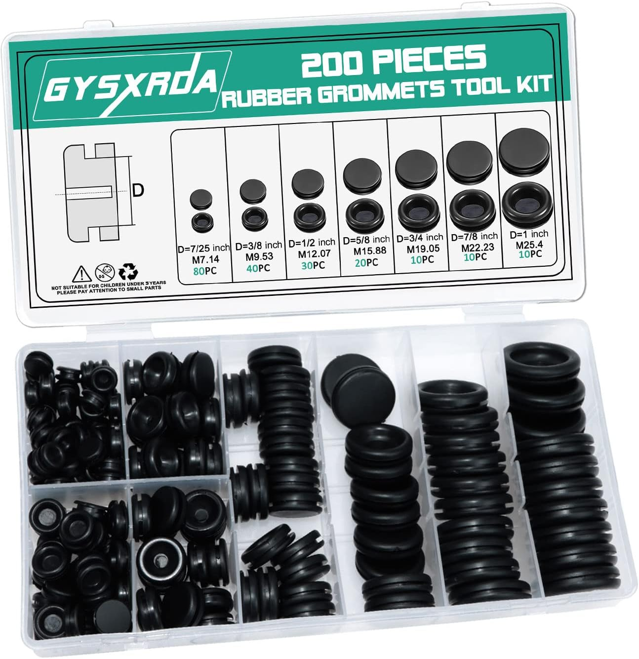 Rubber Grommet Kit - 200pc, 7 Sizes (7/25, 3/8, 1/2, 5/8, 3/4, 7/8, 1 inch) - Black Rubber Firewall Grommets for Automotive, Electrical, Plumbing, Home Improvement