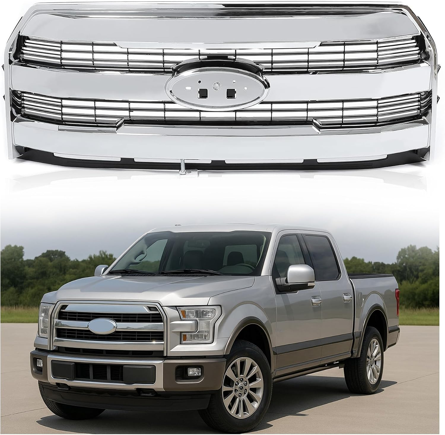 Front Bumper Grille Compatible with 2015-2017 Ford F150 F-150 Replacement for FL3Z-8200-MA FL3Z8200MA W/O Camera Chrome Upper Hood Mesh Grill ABS Plastic