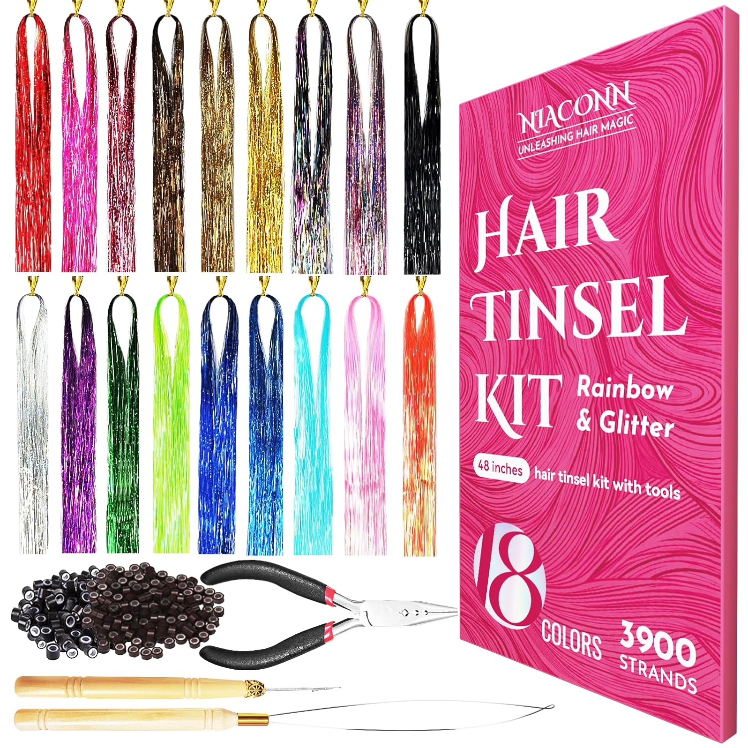 Glitter Hair Tinsel Extensions Kit 18 Colors with Tools and Beads, 48 Inch Sparkly Fairy Colorful Tensile Strands Shiny Hair Accessories for Women Girls Kids