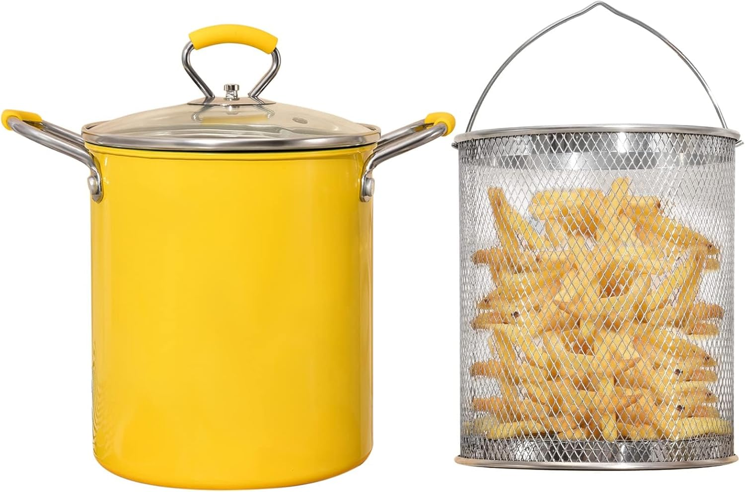 PARACITY Small Deep Fat Fryer Chip Pans with Basket and Lid, Mini Fryers with Anti-Scalding Silicone Handle, 304 Stainless Steel Gadgets for Home, Tempura Chips, Chip Fryers, Fish, Chicken(3.2Qt/3L)