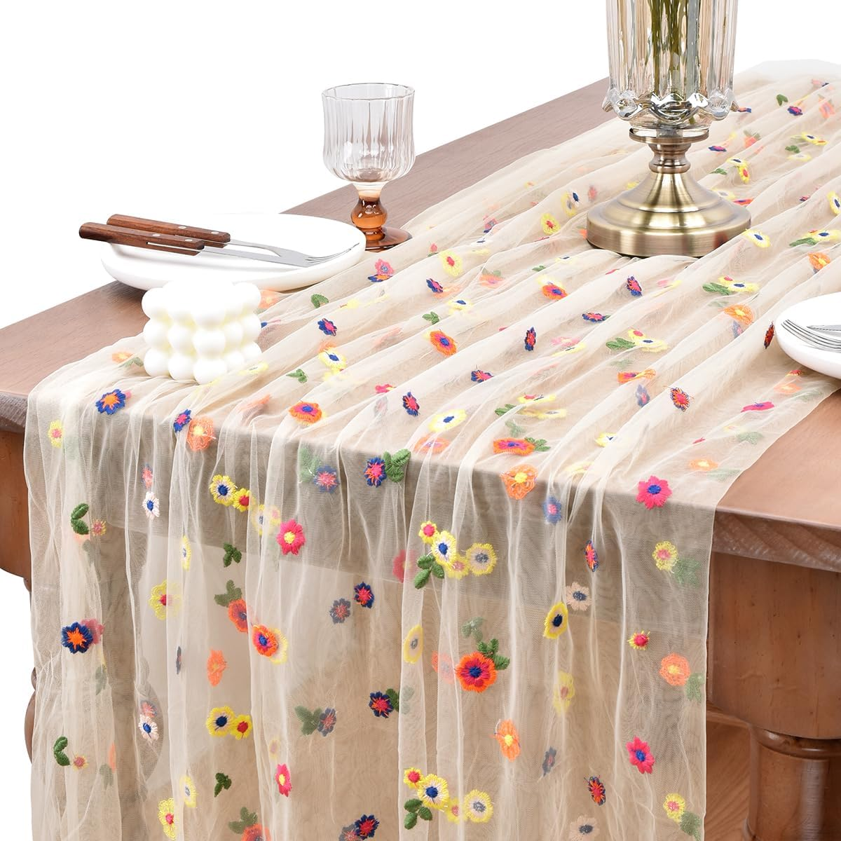 Champagne Summer Flower Table Runner 10Ft Embroidery Daisy Floral Seasonal Tulle Table Runner for Home Garden Tea Party Holiday Birthday Decoration