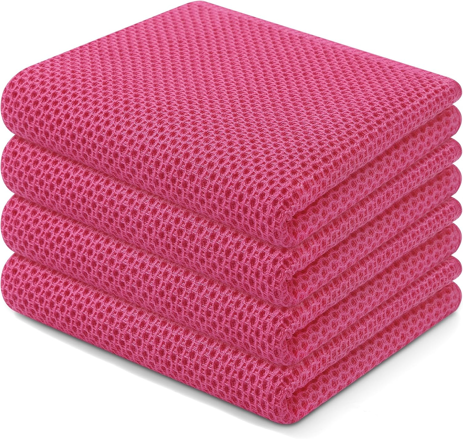 100% Cotton Waffle Weave Kitchen Dish Towels, Ultra Soft Absorbent Quick Drying Cleaning Towel, 13 x 28 Inches, 4-Pack, Hot Pink