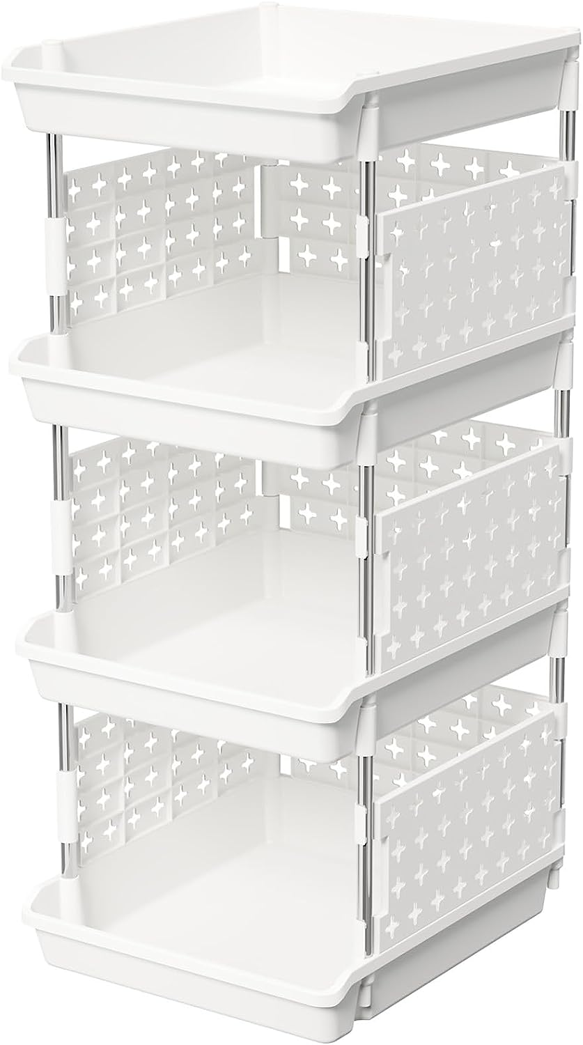 Plastic Stackable Storage Baskets, 4 Tier Stacking Bins for Closet Wardrobe, Playroom, Kitchen and Pantry Organization, Large Capacity Multi-Functional Stackable Storage Containers Shelves