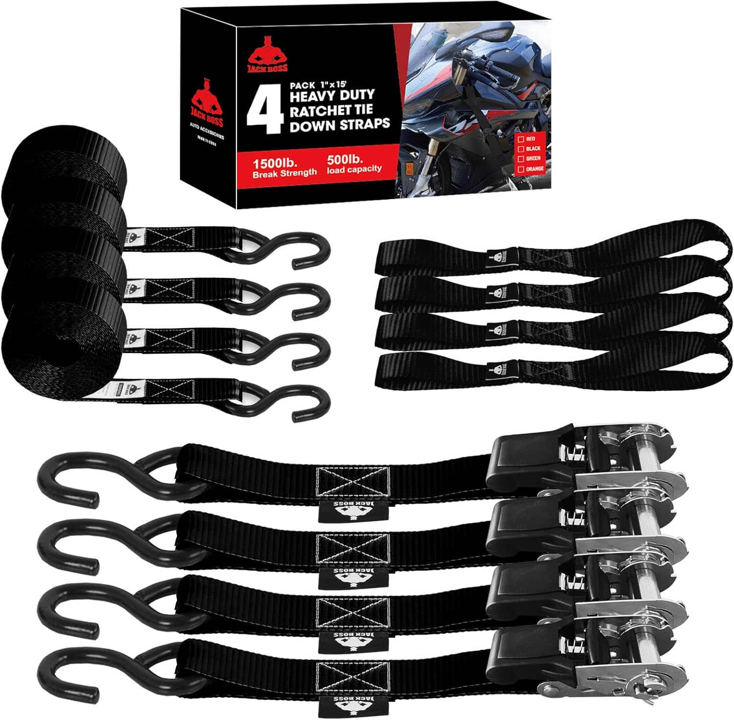 Ratchet Tie down Straps Set,1500 Lbs Break Strength, 1
