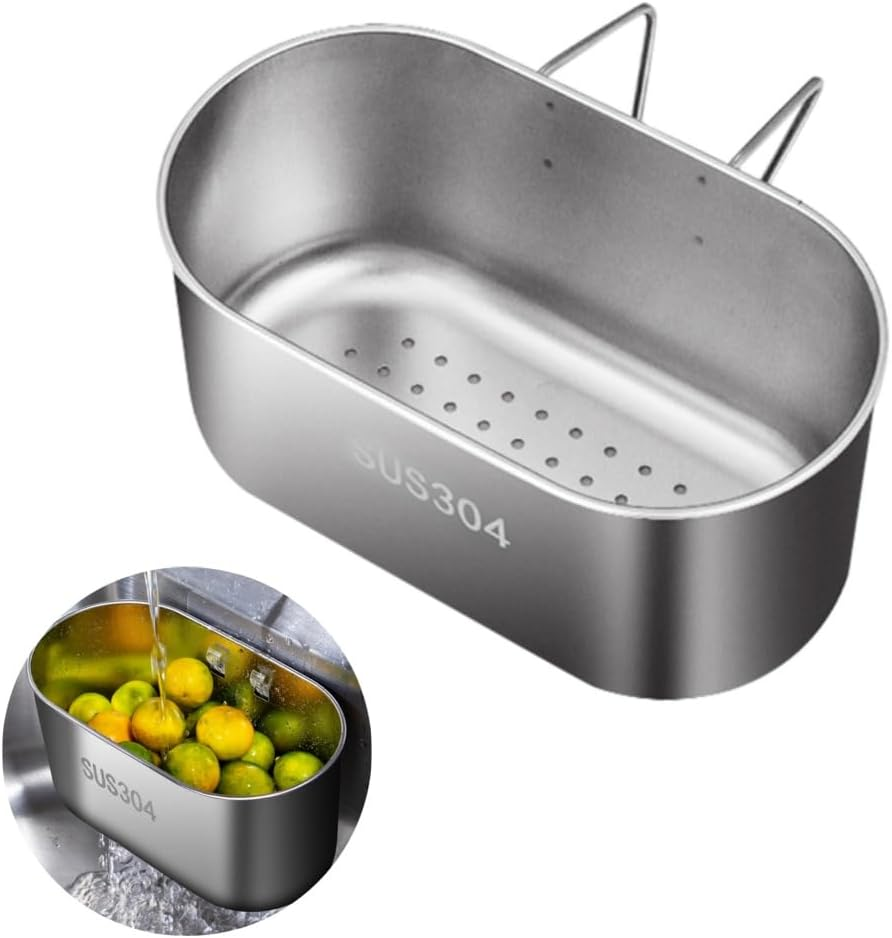 Stainless Steel Drain Basket, Kitchen Sink Drain Basket Storage Rack Strainer for Vegetables, Fruits, Kitchen Waste(Color:Sliver)