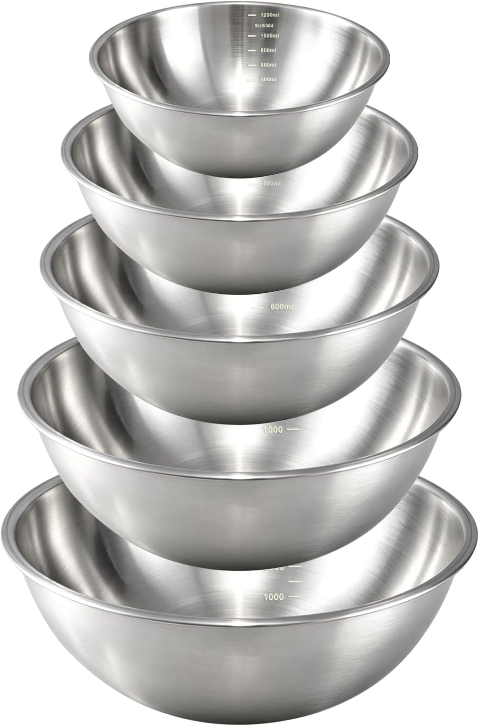 Juego de tazones para mezclar acero inoxidable 304 de 5 piezas de 1.5 a 5.3 Qt