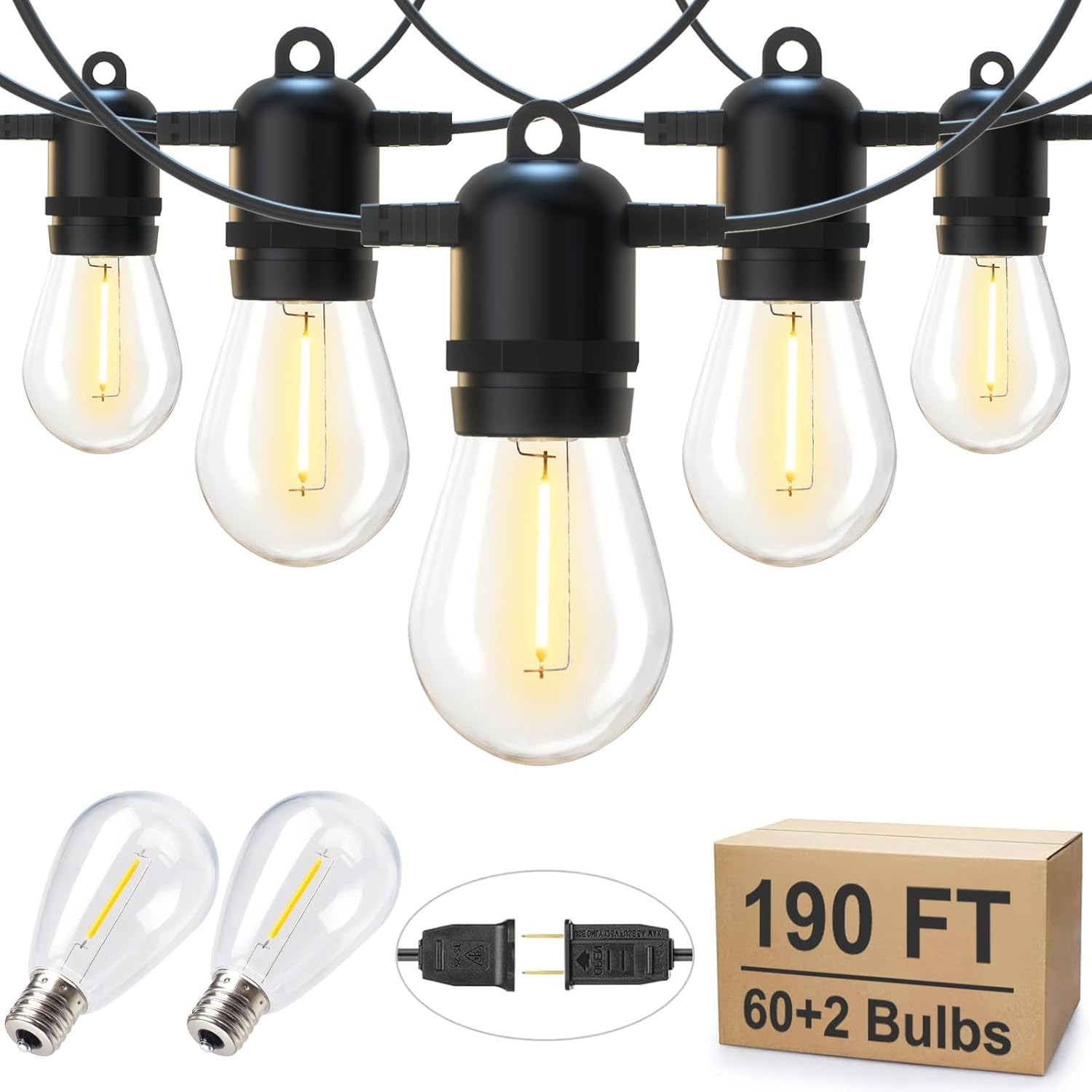 Outdoor String Lights 190FT with 60+2 Shatterproof Edison Bulbs, Waterproof Hanging Patio Lights outside for Backyard Deck Garden Party Xmas Decor, 2700K