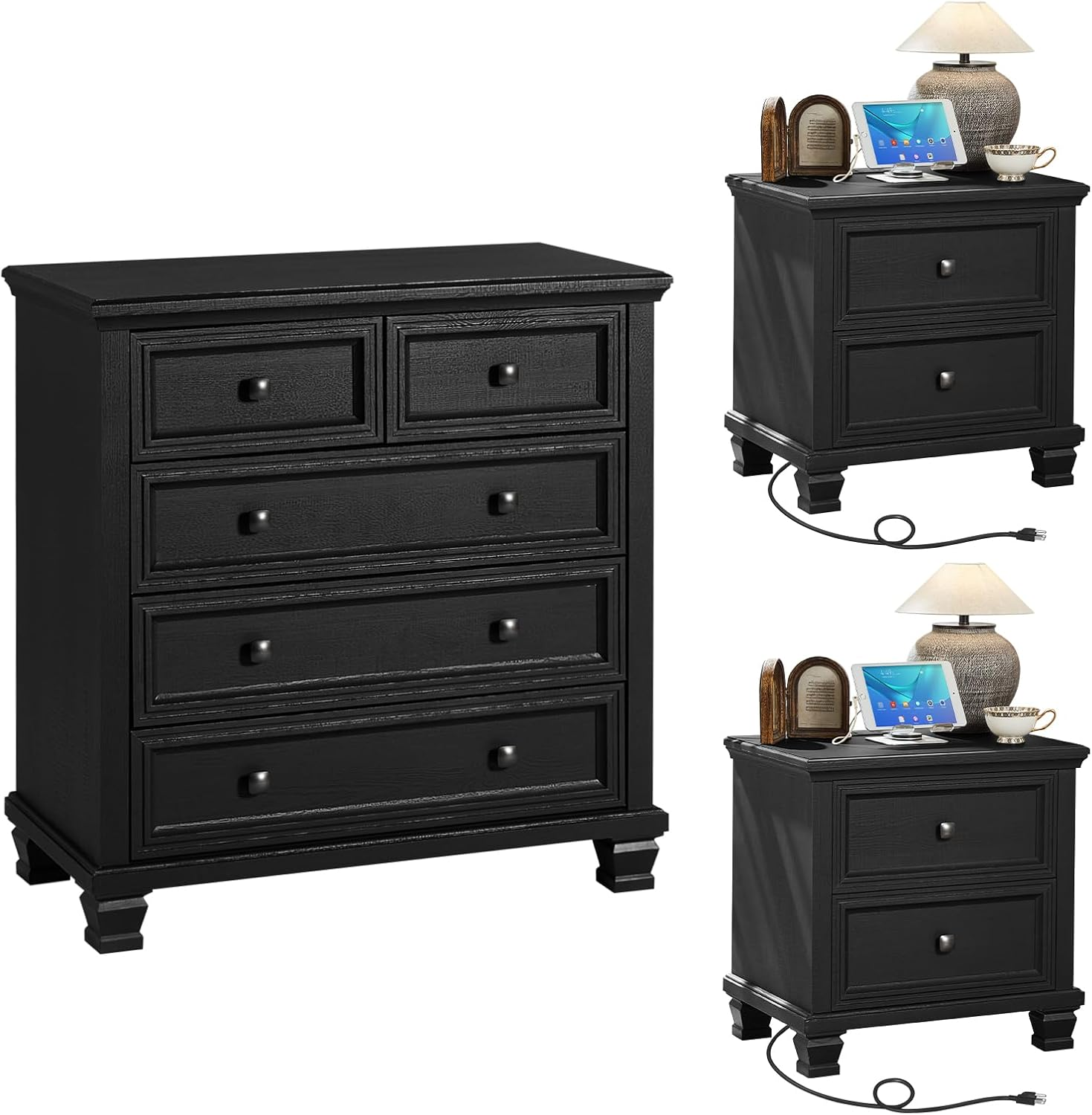 Farmhouse Black Bedroom Set 3 Piece with Dresser and Nightstands