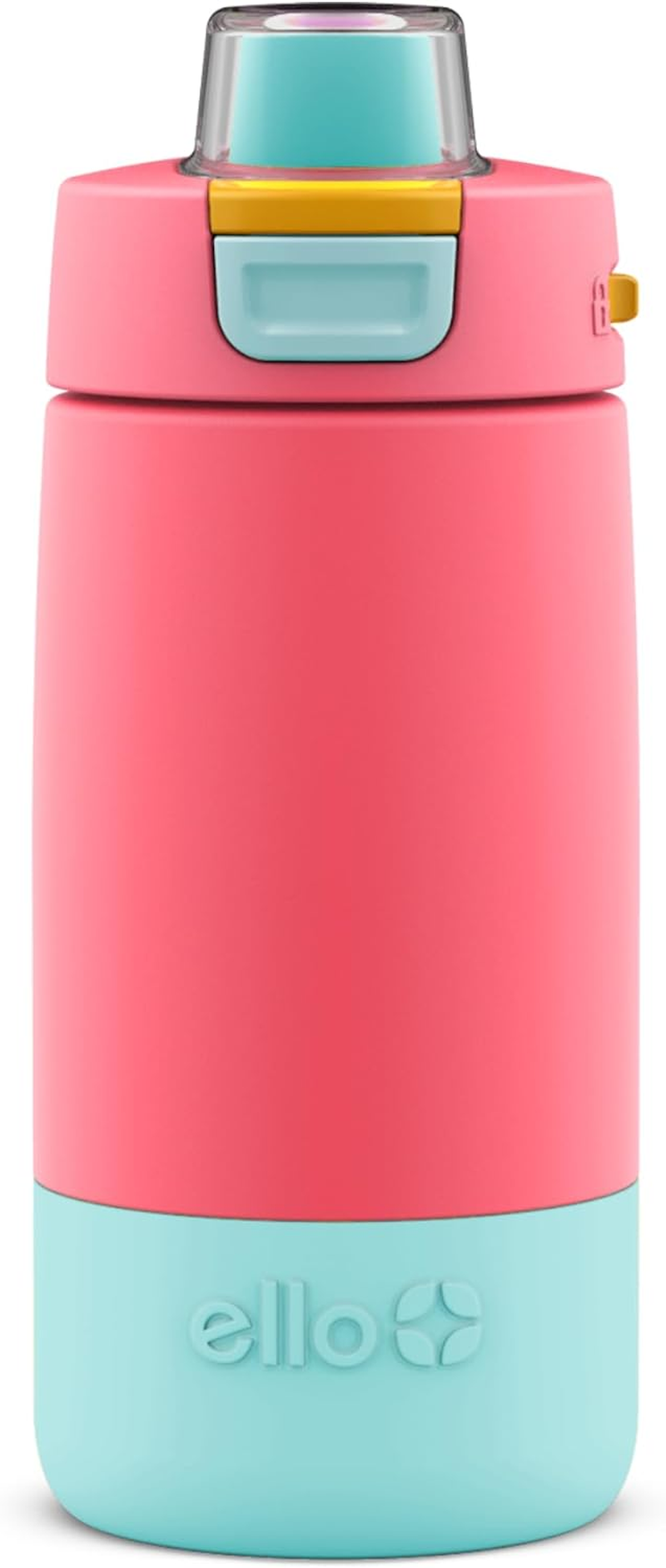 Ello Kids Colby 12Oz Stainless Steel Insulated Water Bottle with Straw and Built-In Silicone Coaster Carrying Handle and Leak-Proof Locking Lid for School Backpack, Lunchbox, and Outdoor Sports