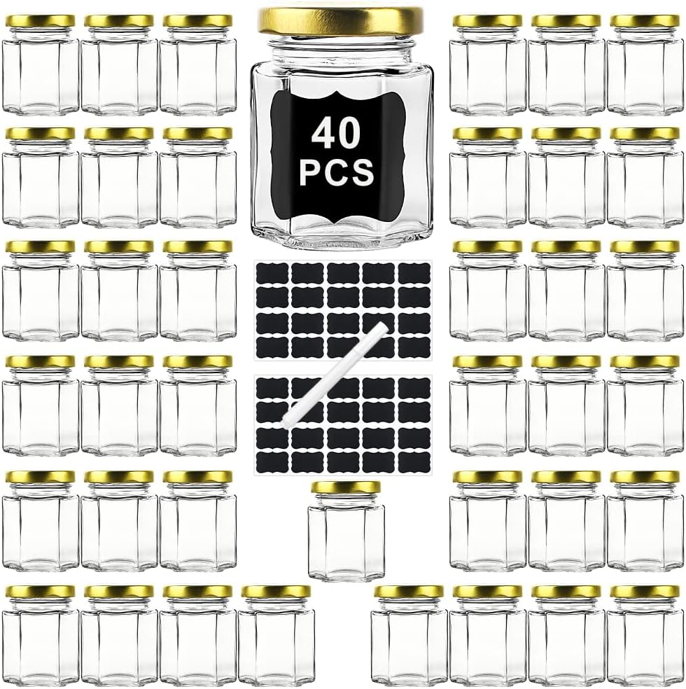 40 Pack Small Glass Honey Jars with Lids for Wedding Favor, Baby Showers, 3 Oz Airtight Glass Canning Jars with Lids, Candle Jars for Spice, Candy, Jam, Waterproof Stickers