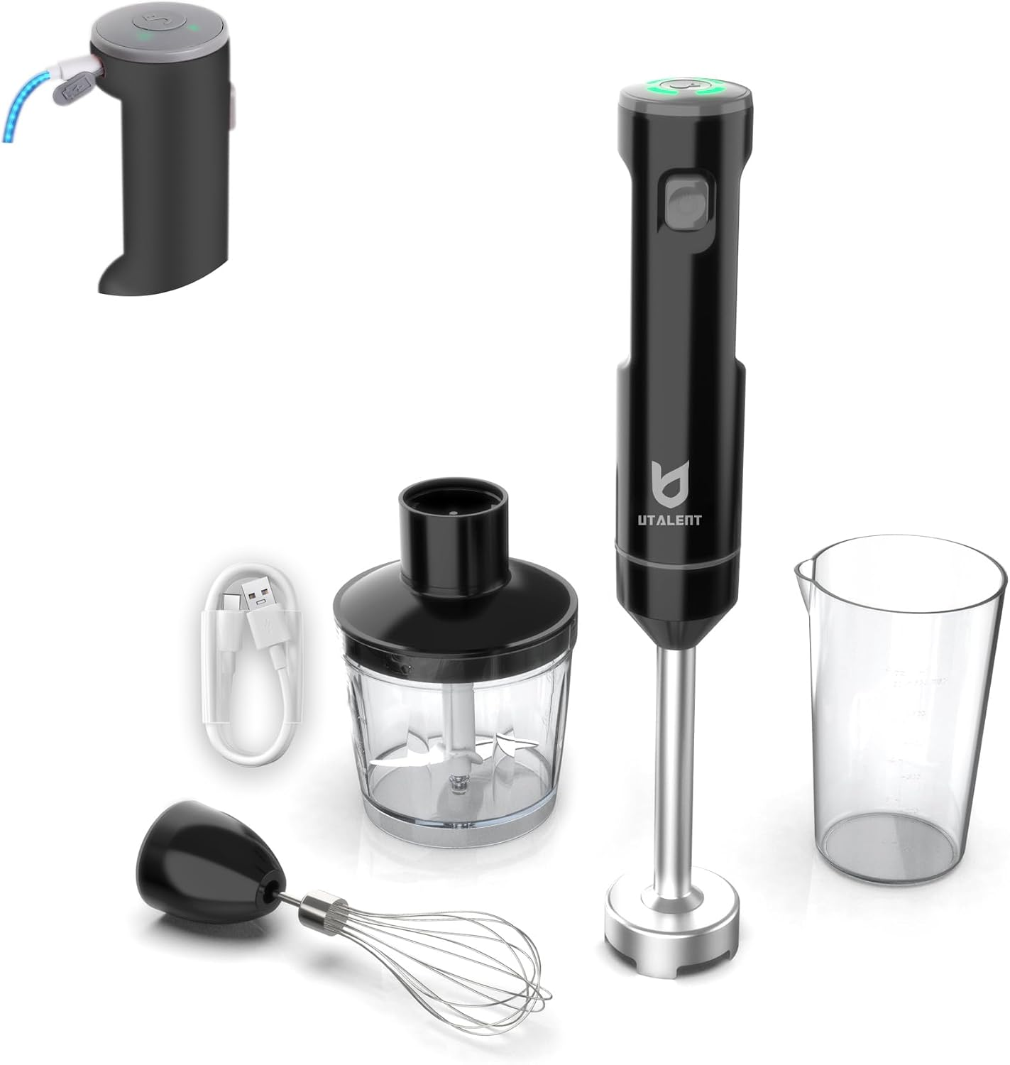 Cordless Hand Blender, Variable Speed Immersion Blender Rechargeable, with 500Ml Chopper, 600Ml Container, Egg Whisk, for Smoothies, Baby Food and Soups – Black