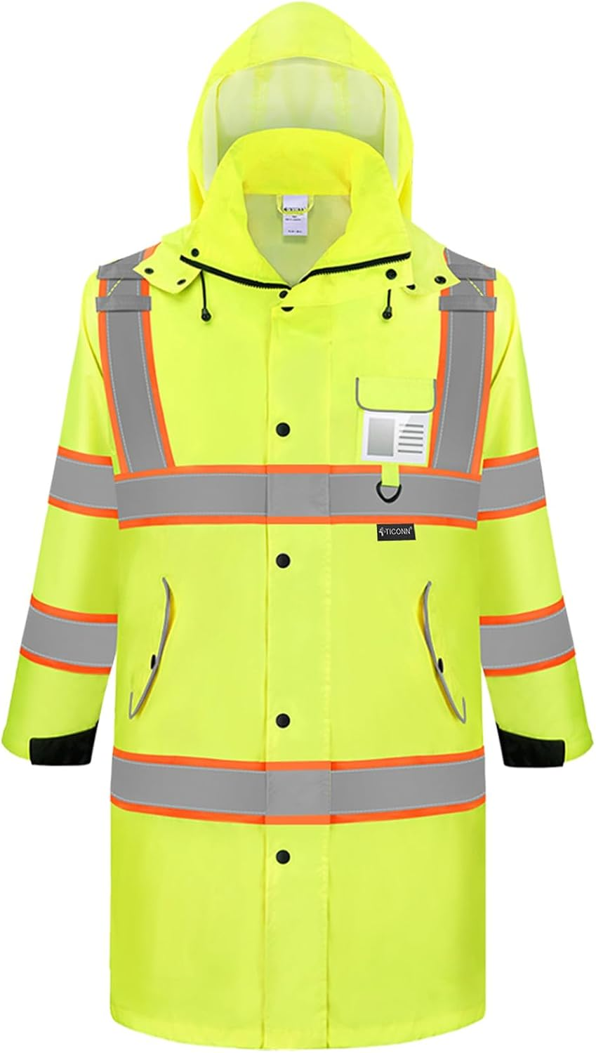 TICONN Reflective Rain Coat, Waterproof ANSI Class 3 Hi Vis Trench Coat