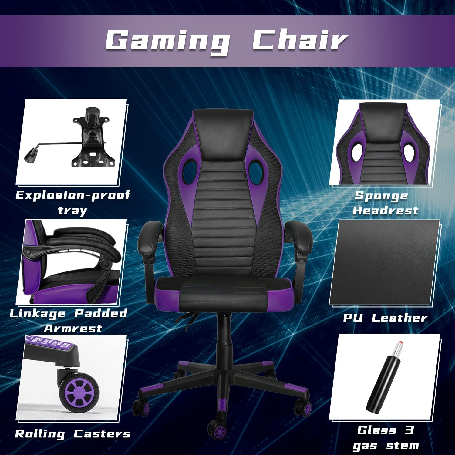 Ergonomic High-Back Gaming Chair for Adults and Teens, Comfortable Office Desk Chair with 350LBS Capacity, Recliner Racing Style in Purple