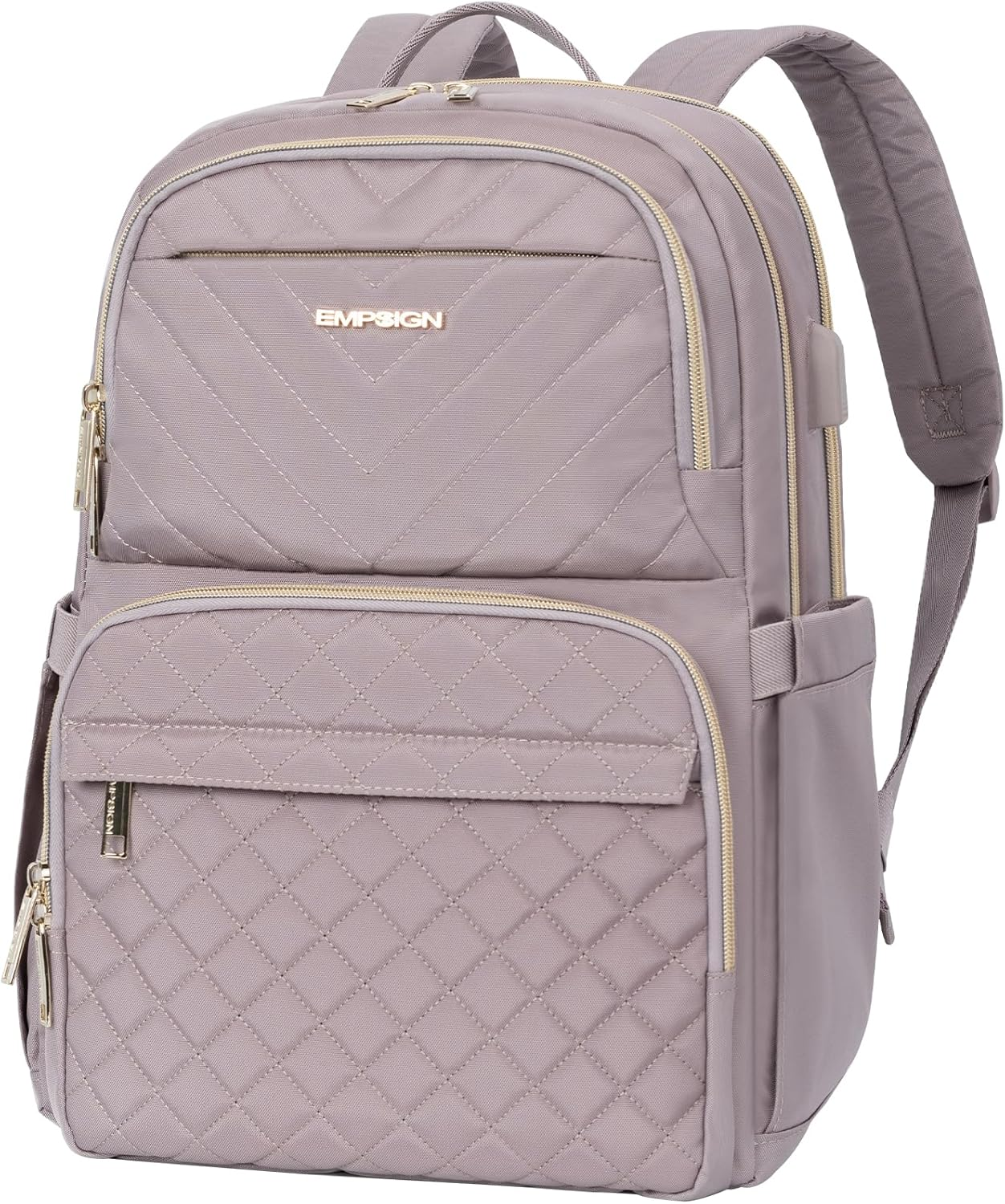Laptop Backpack Purse for Women and Men with USB Charging Port, 15.6 Inch Travel Water Resistant Quilted Backpack, High-Capacity 30L Work Business Computer Backpack, Quilted Grey Pink