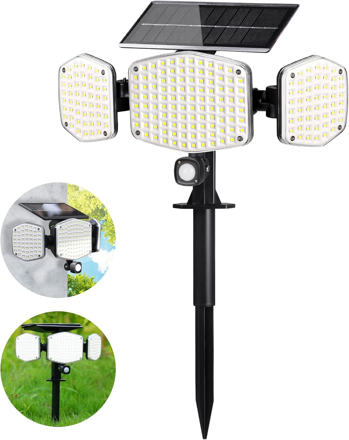 Solar Motion Lights Outdoor with Stake, 208 LED 270° Illumination Security Flood Lights for Yrad Garden Pathway, 3 Modes, IP65 Waterproof, In-Ground or Wall Mount
