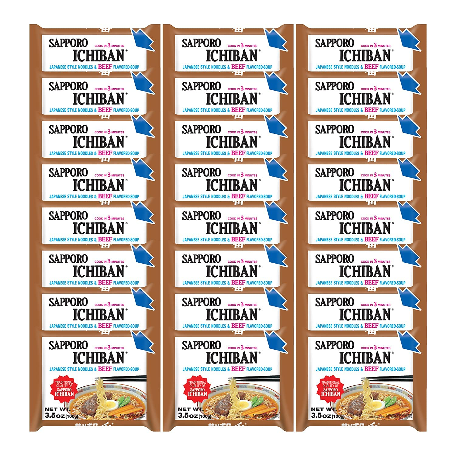 [SAPPORO ICHIBAN] Ramen Noodles, Beef Flavor, No. 1 Tasting Japanese Instant Noodles (3.5 Oz. X 24 Packs) | 24 Pack Case