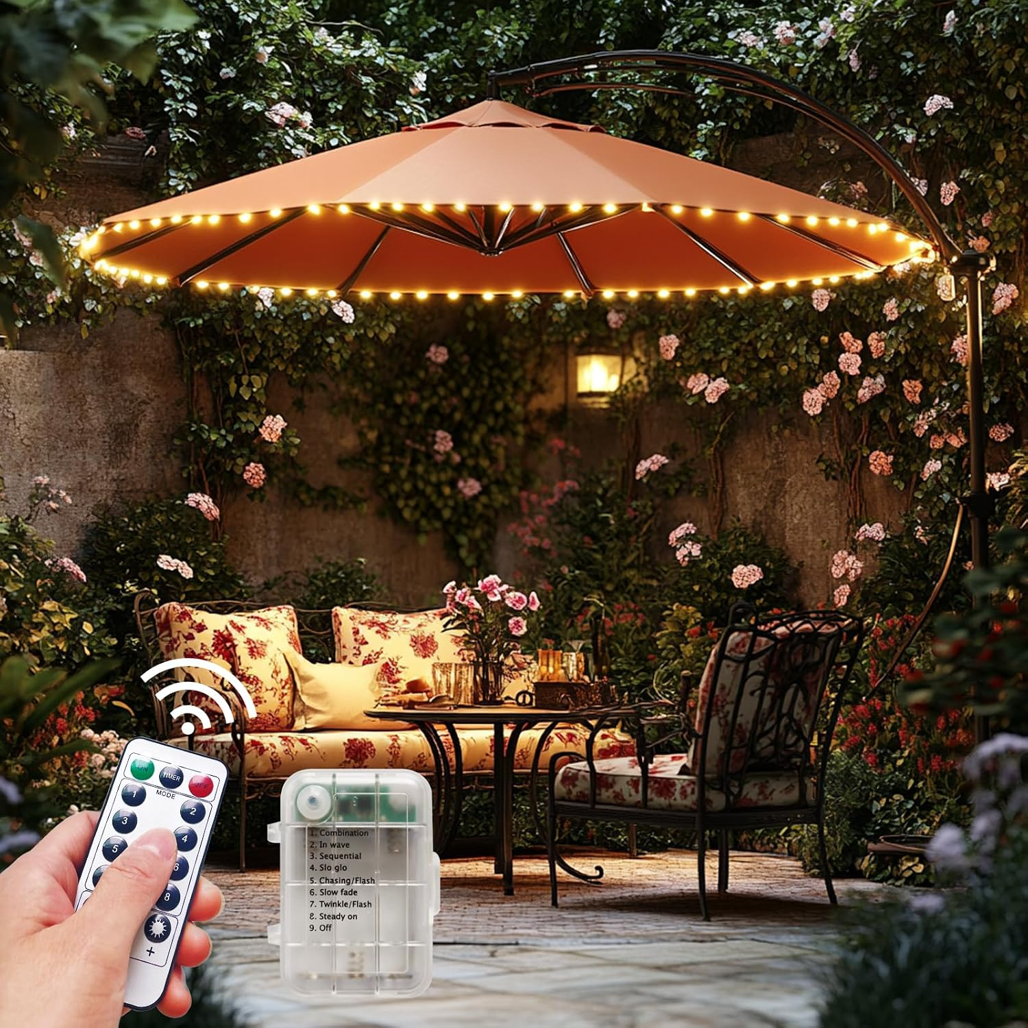 Patio Umbrella Lights Cordless LED Market Table Umbrella Lights with Remote Control Battery Operated Waterproof Parasol String Lights, Fits 6-9 Feet Diameter Outdoor Umbrella Décor (Warm White)
