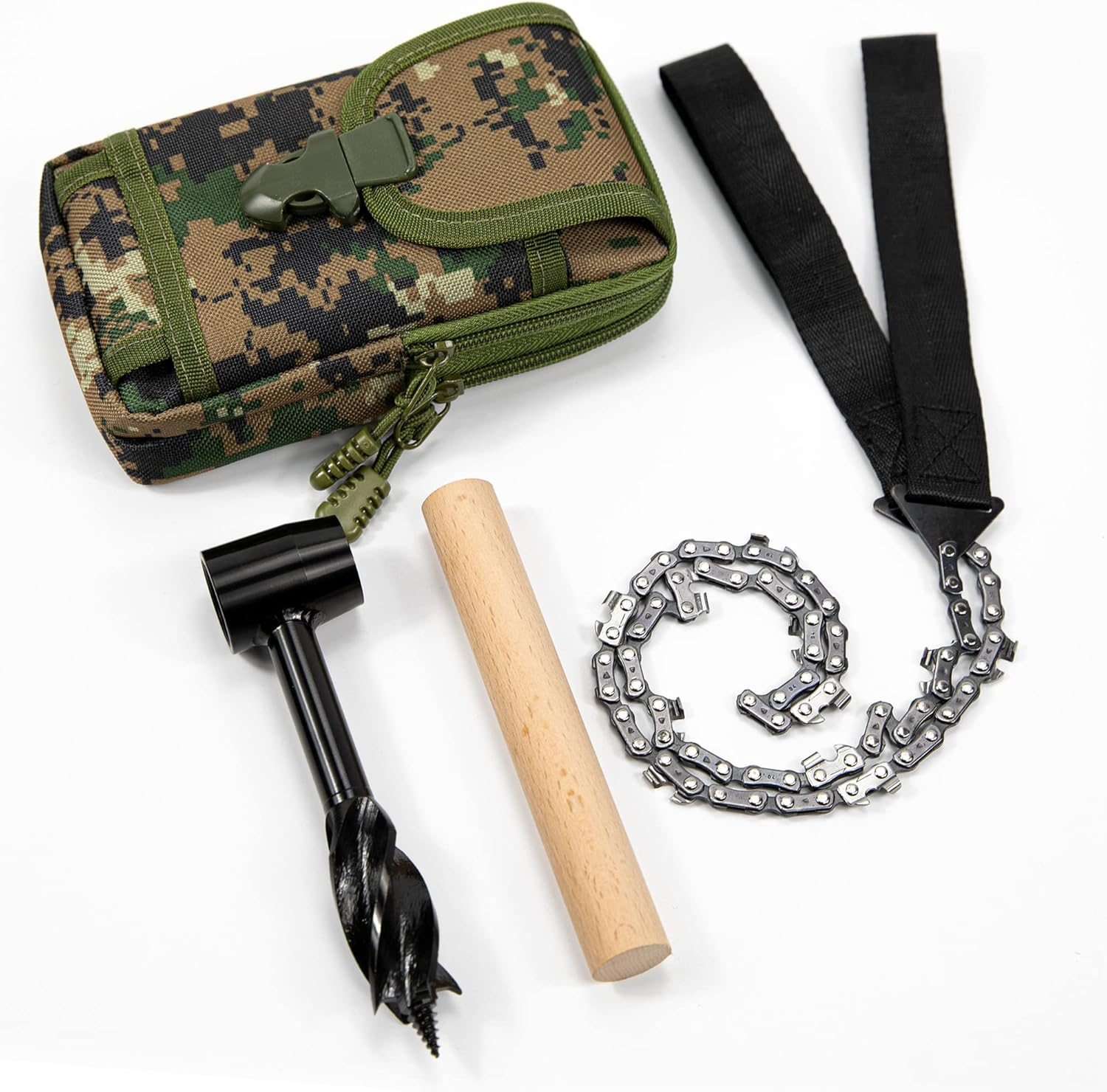 Survival Settlers Tool Set Bushcraft Hand Auger Wrench with Pocket Chainsaw, Bushcraft Gear and Equipment Scotch Eye Wood Drill Peg and Manual Hole Maker Multitool for Camping, Bushcrafting