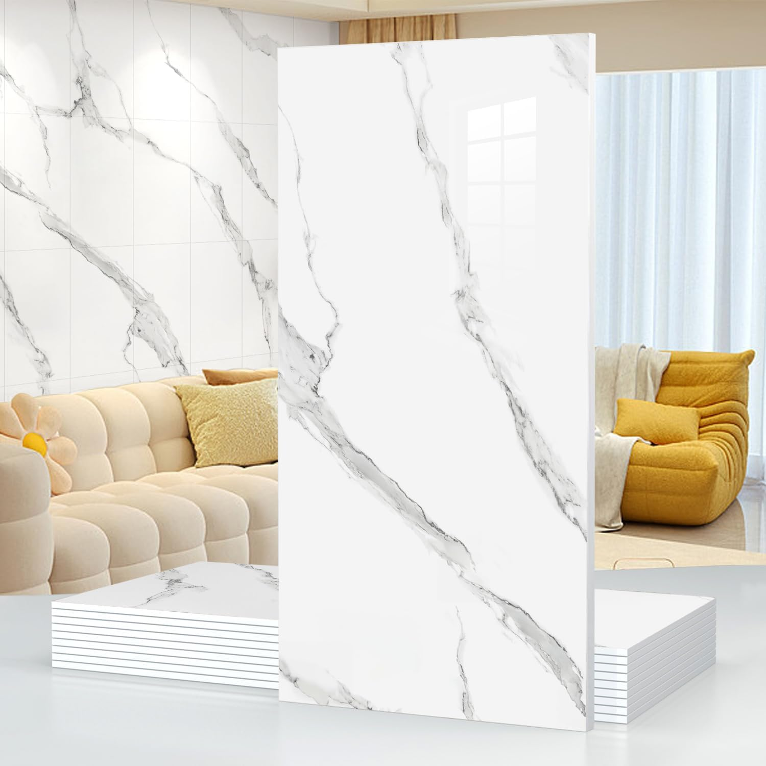 10Pcs Marble Peel and Stick Waterproof Wall Panels,Heat-Resistant Backsplash Tile, 23.6