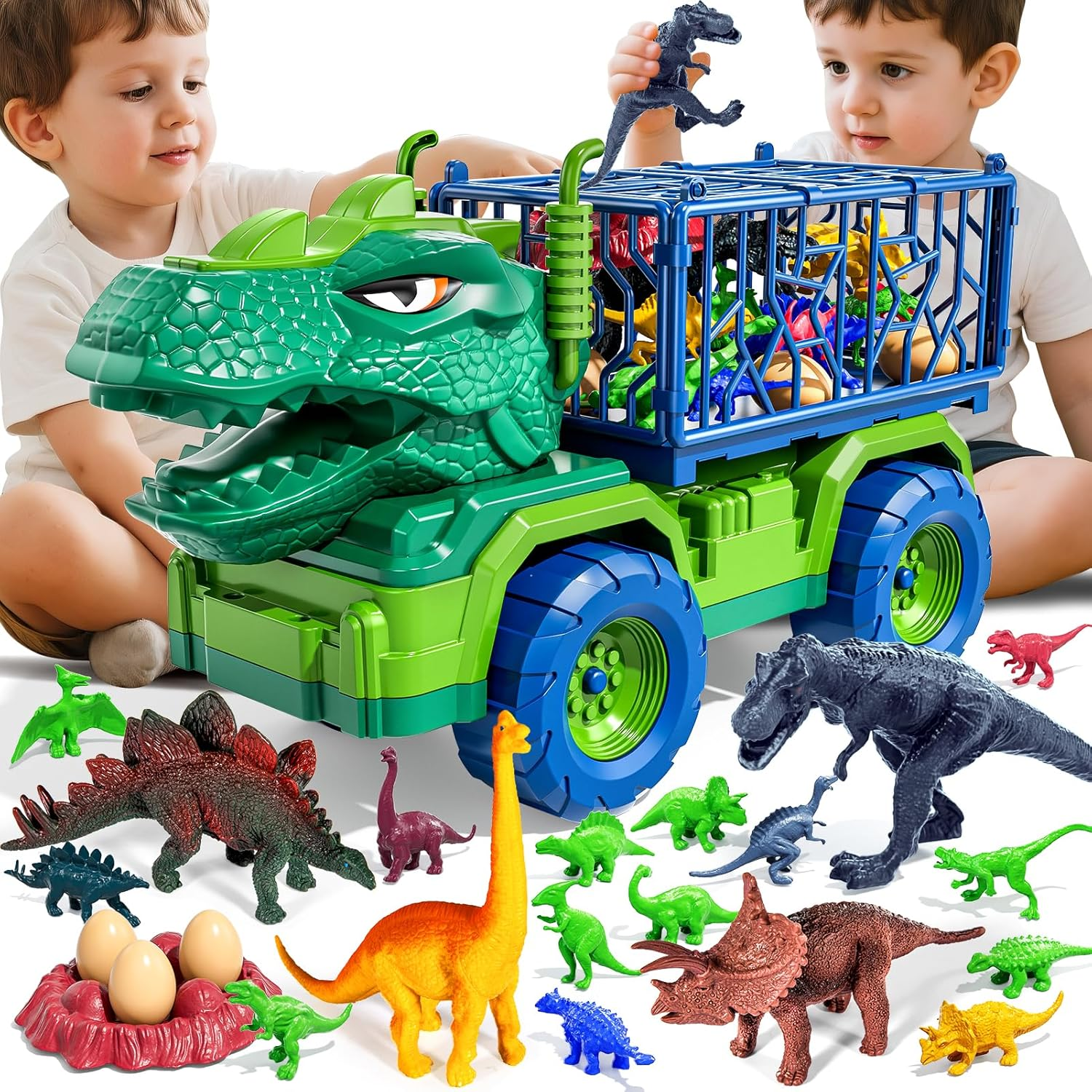 22 in 1 Toddler T-Rex Dinosaur Truck Toy Set for Kids Boys 3-5 5-7, Tyrannosaurus Carrier Transport Truck with 18 Jurassic Dino Figures, Birthday Toy for Boys Girls 3 4 5 6 7 Years Old