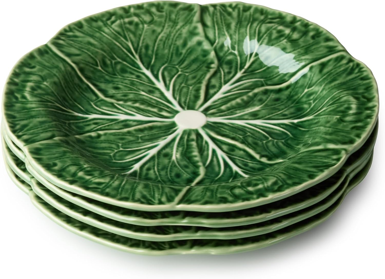 Le Jardin Green Cabbage Plates 3D SALAD/DESSERT PLATES, SET of FOUR - 9" Sculpted Green Stoneware Leaf Plates – Seasonal Spring & Summer Tableware for Fresh, Nature-Inspired Dining