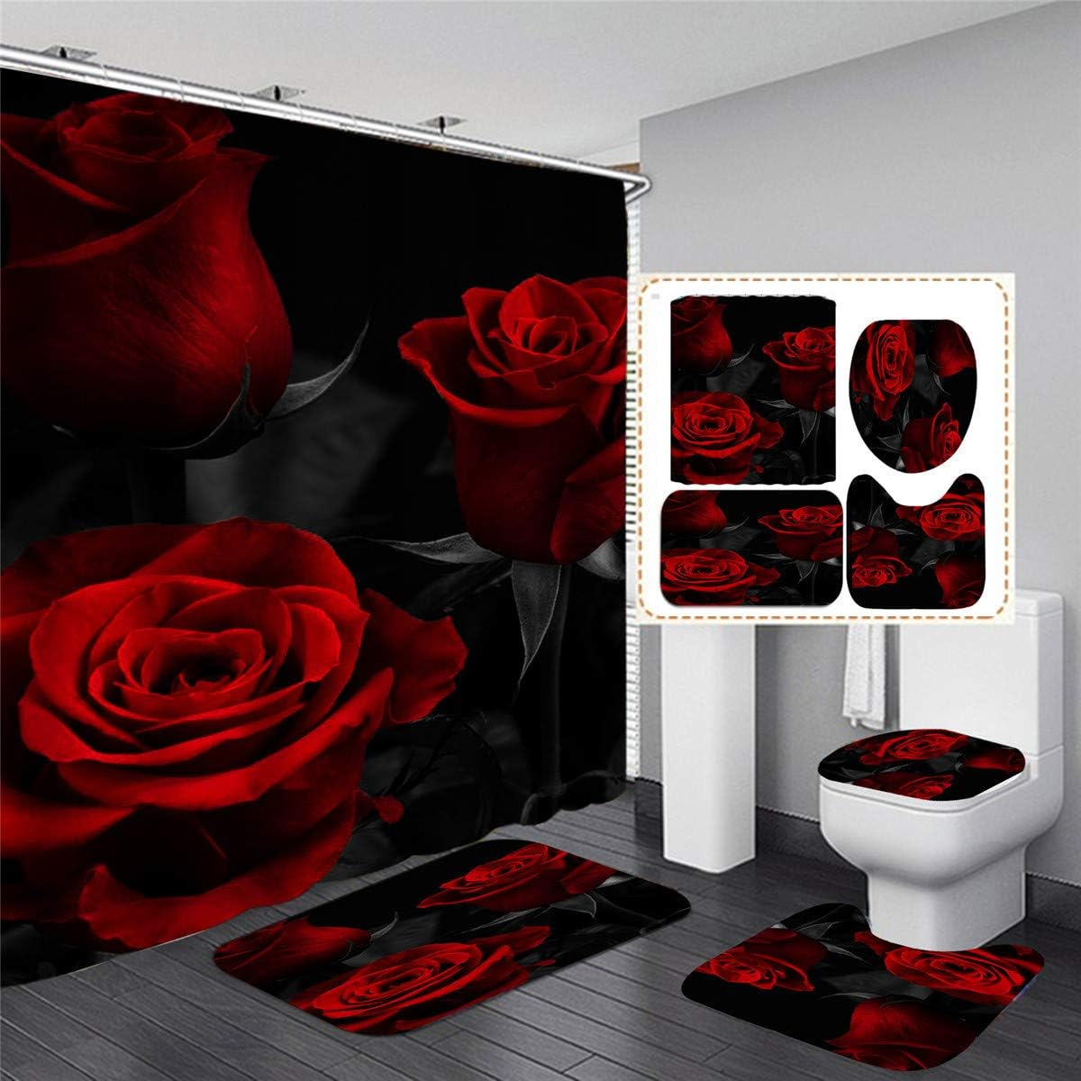 4PCS Red Rose Shower Curtain Sets with Non-Slip Rugs,Toilet Lid Cover and Bath Mat Waterproof Polyester Fabric Shower Curtains for Bathroom with 12 Hooks Three Red Rose Bathroom Decor Sets 71