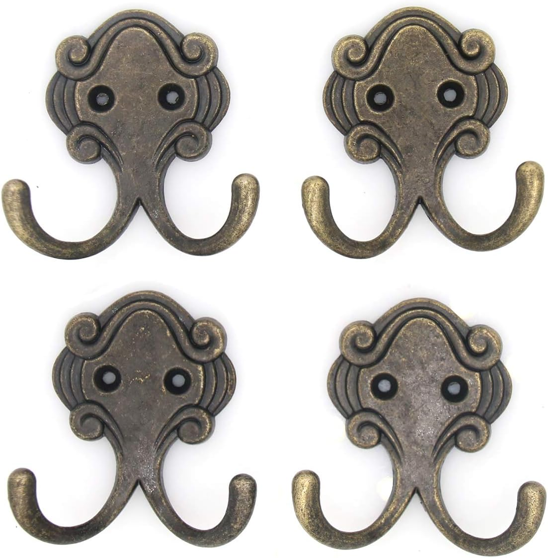 LXZ 4-Piece Antique Brass Zinc Alloy Dual Prong Wall Hooks - Set of 4 with Screws - Rust Resistant - Vintage Style - Perfect for Towels, Coats, Hats, Purses, Jackets, Scarves, Bags