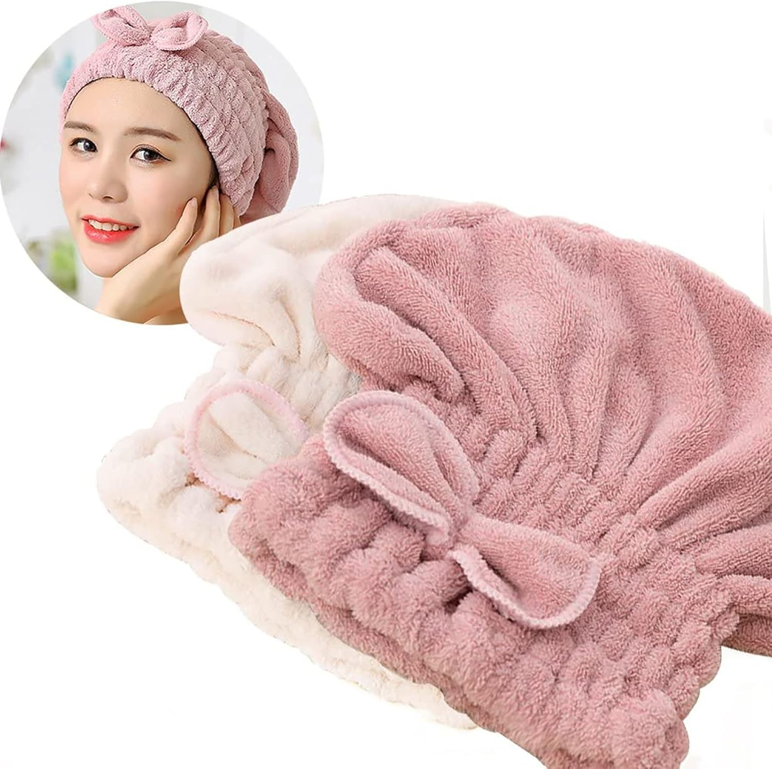 2PC Microfiber Hair Drying Caps, Extrame Soft & Ultra Absorbent, Fast Drying Hair Turban Wrap Towels Thick Fluffy Shower Cap for Women