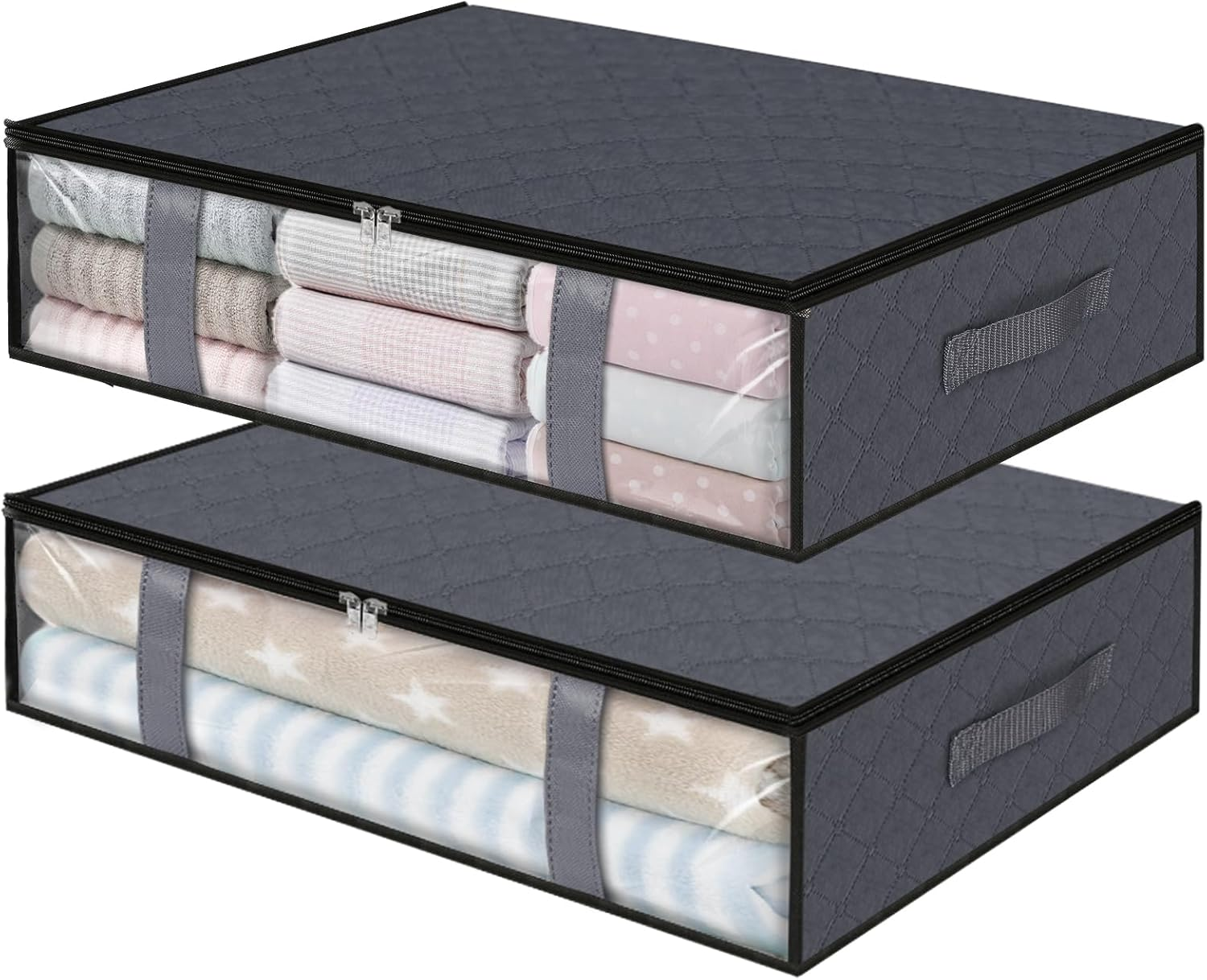 under Bed Storage Bins, 2-Pack 40L Foldable Fabric Storage Bags with Transparent Window, Breathable Organizer for Clothes/Blanket/Comforter/Quilt, Grey