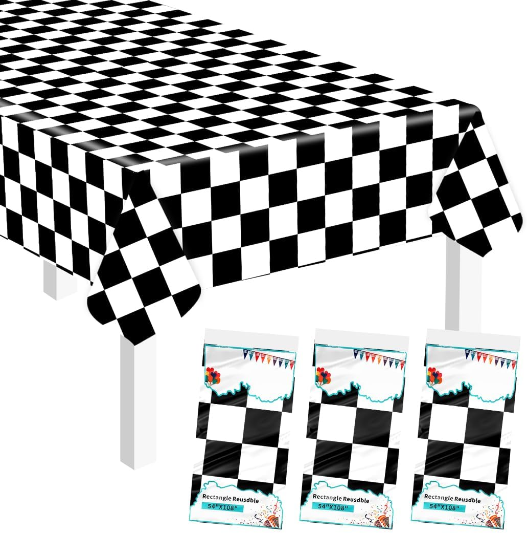3 Pack Black and White Checkered Tablecloth 54 X 108 Rectangular Plastic Checkered Flag Table Cover Disposable Checkered Table Cloth for Race Car Birthday Party Baby Shower Picnic Wedding Tablecloth