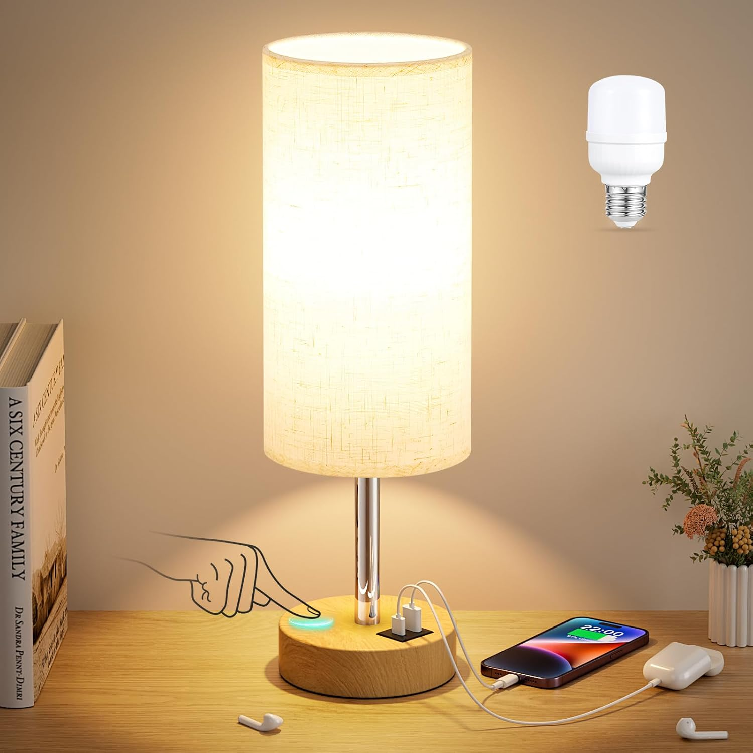 Touch Bedside Table Lamp with USB Way Dimmable Wood Lamp for