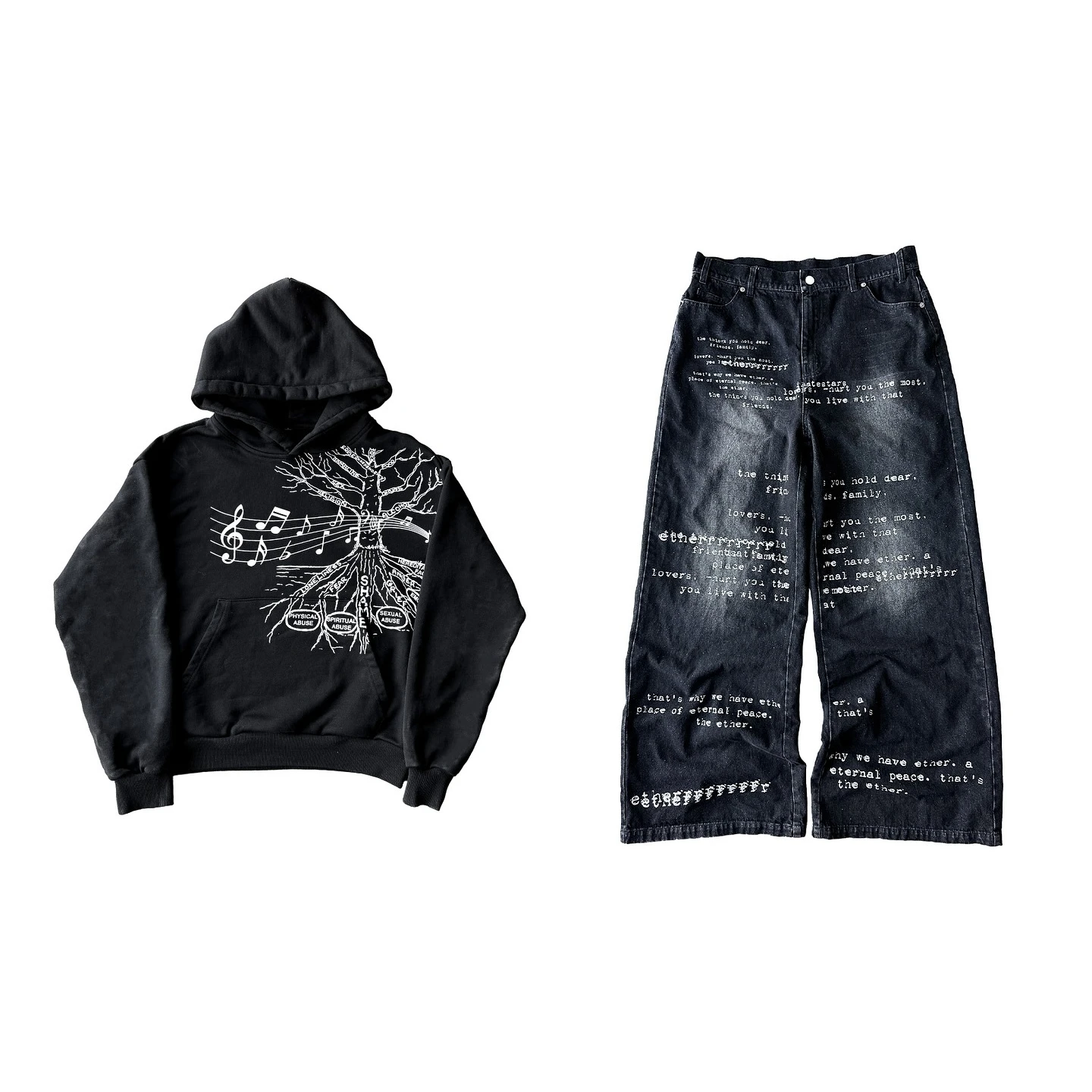 Tree of Shame Mens 2-Piece Set Hoodie Denim Pants Jeans Hip Hop Streetwear Black