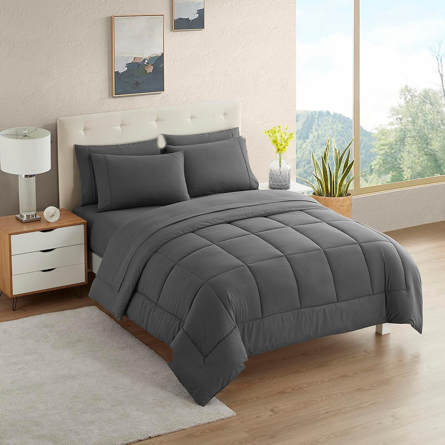 California King Comforter Set - Soft & Breathable 7-Piece Bedding Collection - 1 Comforter, 1 Fitted Sheet, 1 Flat, 4 Pillowcases - Deep Pocket - Premium Quality - Ideal for All Seasons, Gray