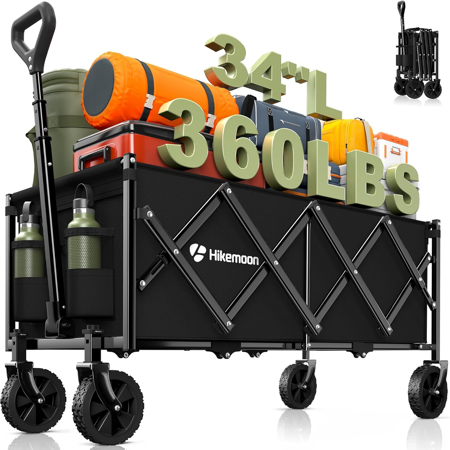 34'' Extra Long Collapsible Wagons Carts Foldable, 360LBS Heavy Duty Folding Beach Wagon with Wheels, Portable Utility Outdoor Cart for Grocery, Garden, Sports, Camping, Black