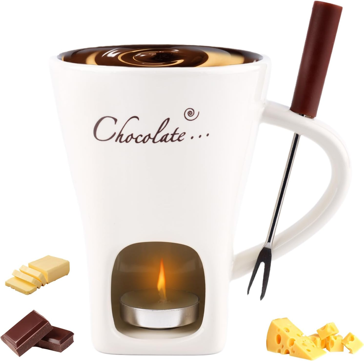 Chocolate Fondue Mug with Fork, Sweet Melting Cup with Tealights for Chocolate