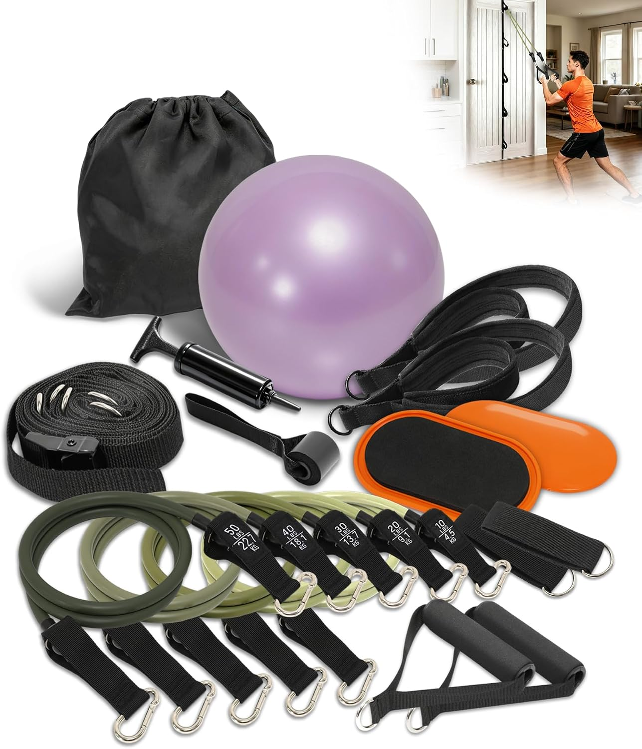 Track Pilates Home Workout Kit, Pilates Door Track System Includes 2*Exercise Core Slider, 9" Yoga Ball, 2*Pilate Strap, 2*Ankle Strap, 5*Resistance Band, Door Anchor Strap, Door Anchor, Inflator