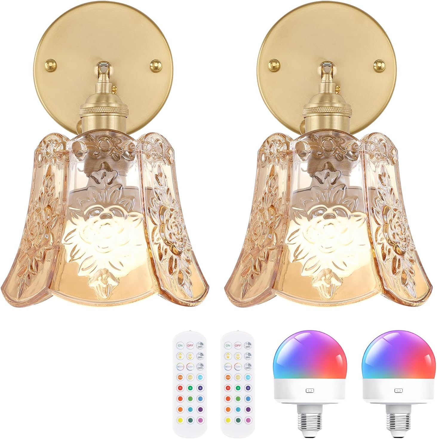 Vintage Battery Operated Wall Sconces Set of Two, Wireless Battery Powered Rose Wall Sconce with Remote Control, RGB Dimmable LED Wall Light for Bedside Bedroom Living Room (Amber)