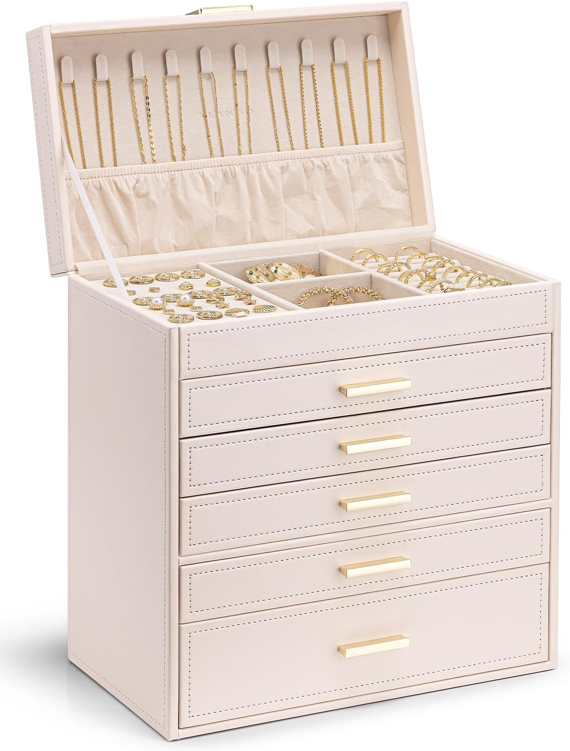 Jewelry Box Organizer,Large Jewelry Storage for 5 Drawn,Pu Leather Jewelry Boxes for Women,Earring Necklace Rings Watch Display Boxes,Wedding Birthday Gift Apricot White