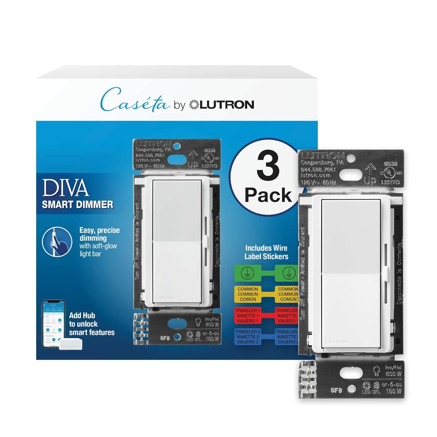 Lutron Diva Smart Dimmer Switch 3 Pack Caseta DVRF-6LS-WH-3 LED Hub Req White