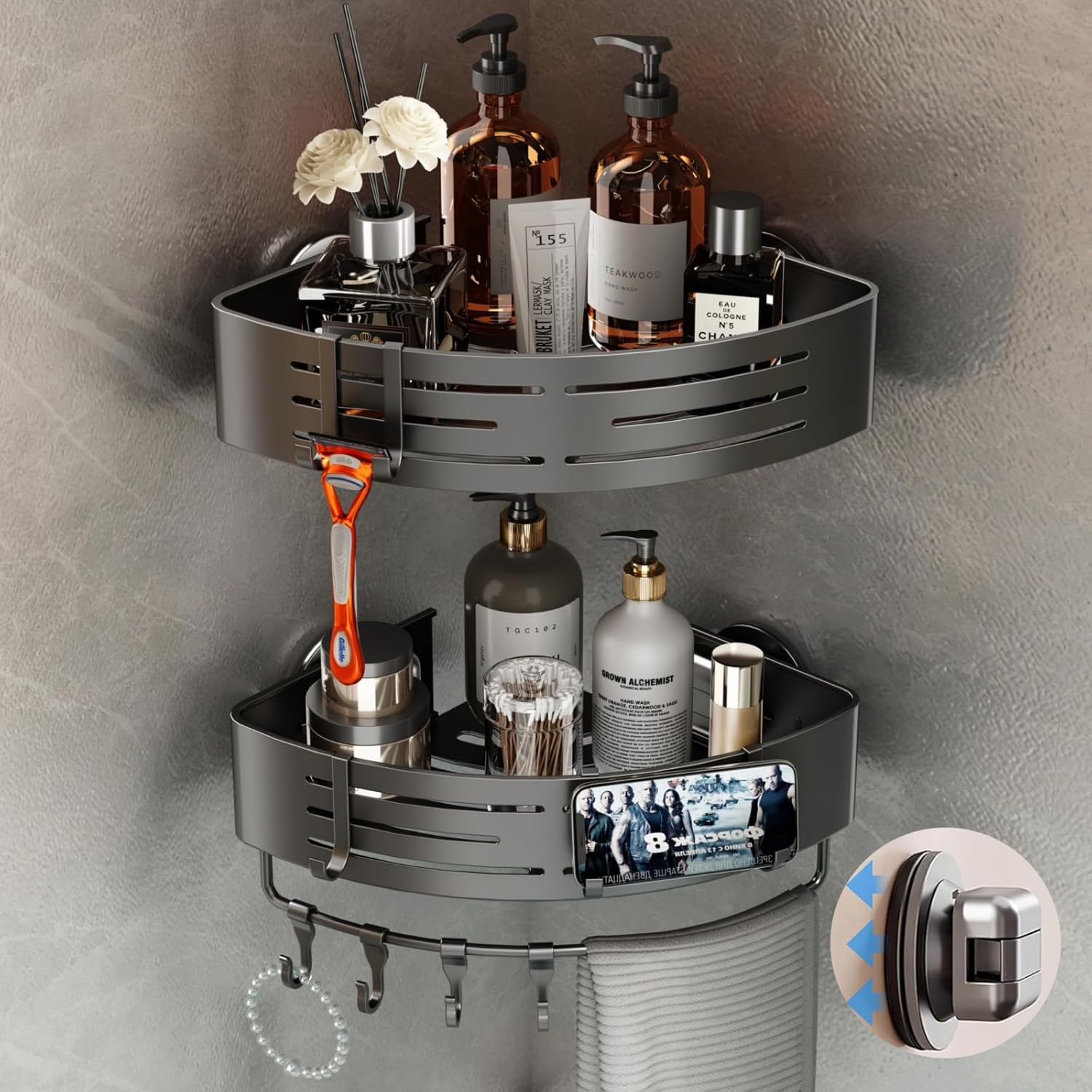Corner Shower Caddy Suction Cup, 2 Pack Corner Shower Shelves No Drilling, Aluminum Upgrade Suction Cup Shower Organizer with Towel Bar & Hooks Removable Bathroom Storage Rack(Gray)