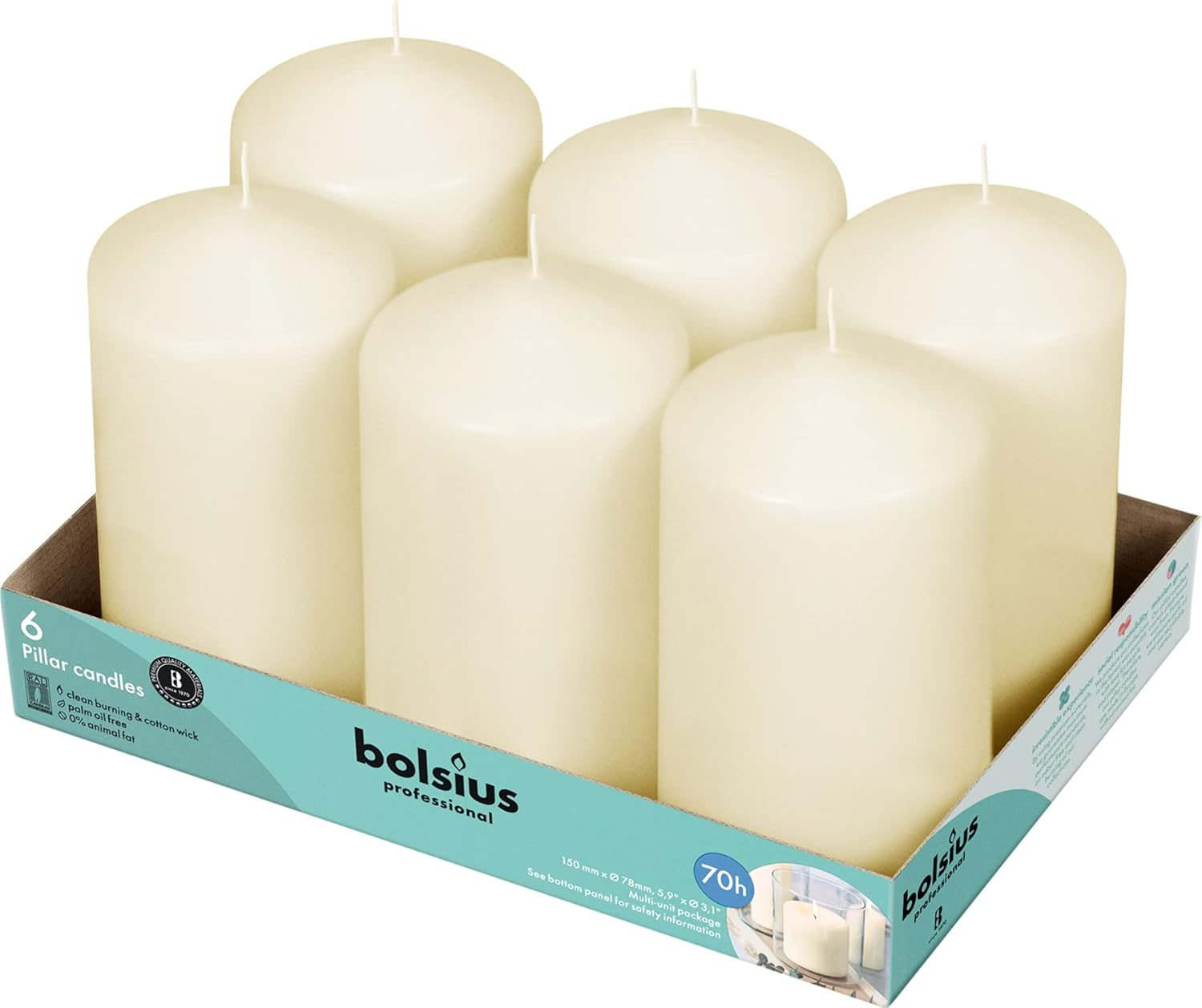 BOLSIUS 6 Ivory Pillar Candles Bulk - 3X6 Inches Candle Set - 70+ Hours Clean Burning - No Palm Oil - 0% Animal Fat - Premium European Quality - Unscented Dripless Wedding Pillars