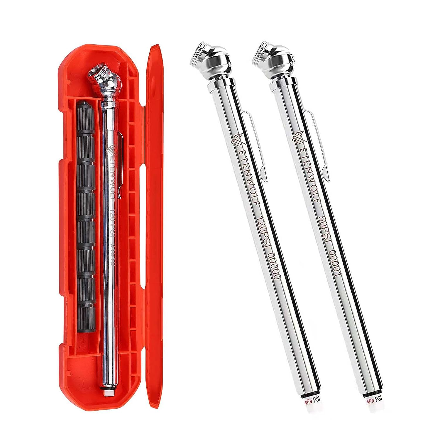 Pencil Tire Pressure Gauge 2 Pack (10-50PSI, 20-120PSI) with 16 Tire Caps Calibrated to ANSI B40.1 Grade B(2%), Stainless Steel Body, for Cars, Pickups, RVs, Bicycles